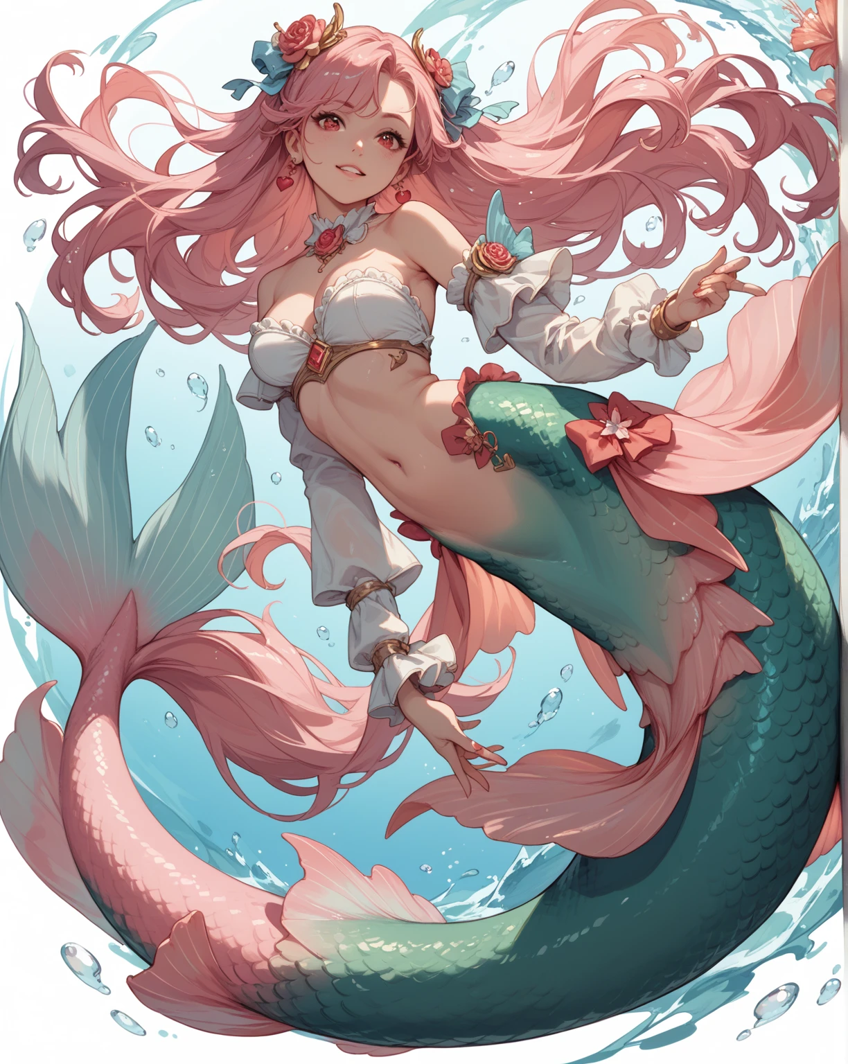 4k,High resolution,One Woman,mermaid,red scales,Blonde,long hair,Blue Eyes,gigantic breasts,The Little Mermaid,Seashell Bra.Princess Tiara,Jewelry decoration,Pearl decoration,In the sea,seabed