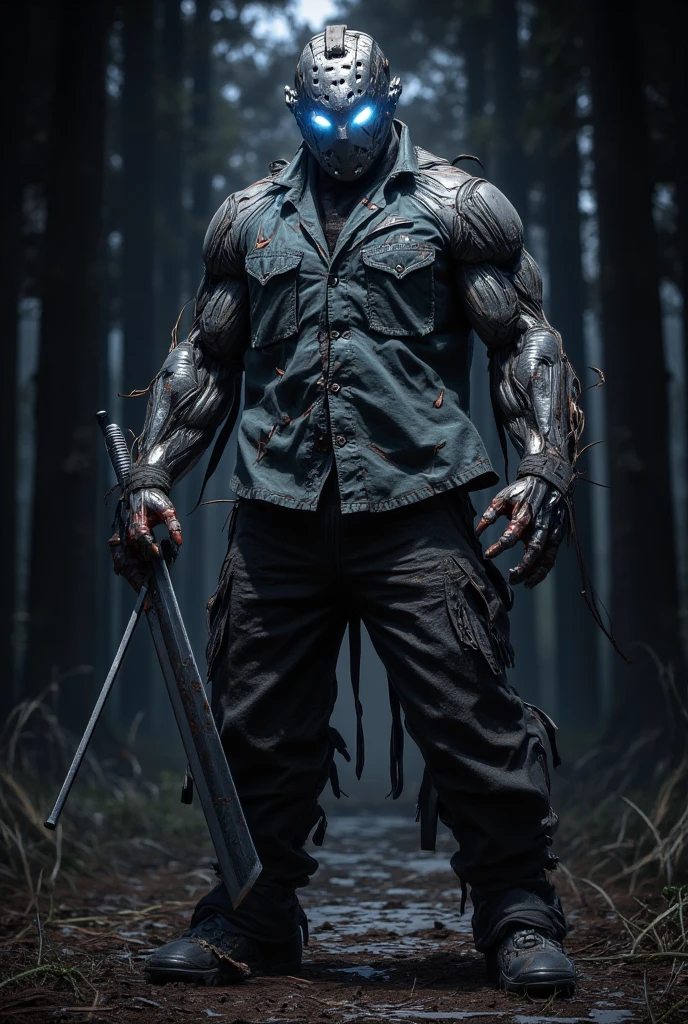 fictional scary male creature with glowing white eyes has a scary smile with sharp teeth has a fit athletic physique wears no shirt is holding a knife , in the bedroom scene of cumming at night , light coming through the window , from front view , 4K , best quality , high détail , Masterpiece artwork
