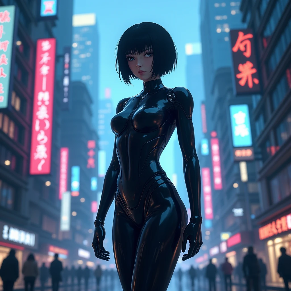 ((Best quality)),((Masterpiece)),((Ultra-detailed)),(illustration),(Detailed light),(An extremely delicate and beautiful),((1girll)),((Solo)),(Beautiful detailed eyes),Shiny hair,(((Cyberpunk city))),light pollution,((tightsuit)),rainy evening,Wet,(((cropped shoulders))),Depth of field,
