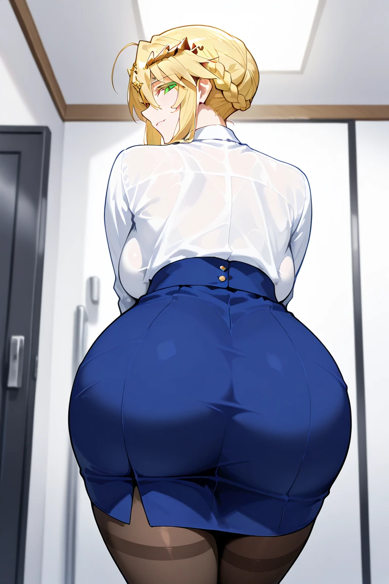 (POV from the side), (Best quality: 1.5), (masterpiece: 1.5), (2.5D), (good definition), (detailed face), (well-drawn face), (vivid colors), (1 character ), (exaggerated proportions), (hentai), (perfect anatomy), (character in the center), (absurd), (4k wallpaper), (detailed eyes), (perfect hands), (perfect fingers), ( beautiful skin), (glowing skin), (perfect shadows), (perfect lighting), (full body), (beautiful eyes), (masterpiece), (voluptuous body), (pretty face), adult woman, seductive MILF, Mature MILF face, mature woman, blonde hair with a low and slightly disheveled ponytail, green eyes, wears glasses, wears a knit midi dress, very surprised and blushing expression, huge breasts, huge thighs, huge butt, voluptuous body, good proportions, Inside a house, she is standing entering a house, behind her there is a big, fat man with a censored and pixelated face who spanks her butt over her clothes