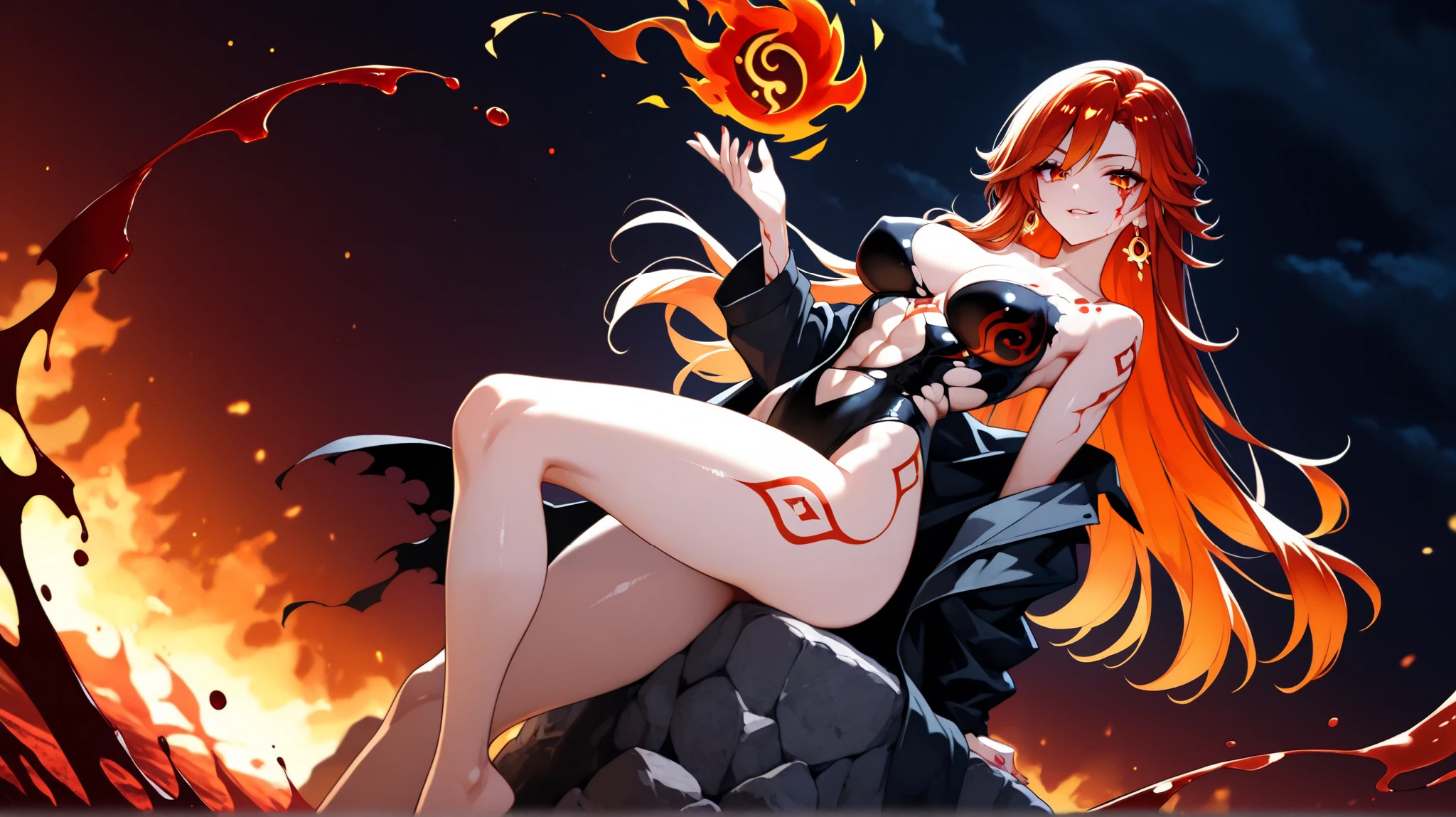 Rear view、(((golden eyes)))、facial scars、hair ornaments、、(((red pubic hair)))、female organ、strong wind、storm、tattoo、Engulfed in flames、Beautiful Girl Magician、red hair long、((whole body))、(((photo taken from below)))、darkne magic circle