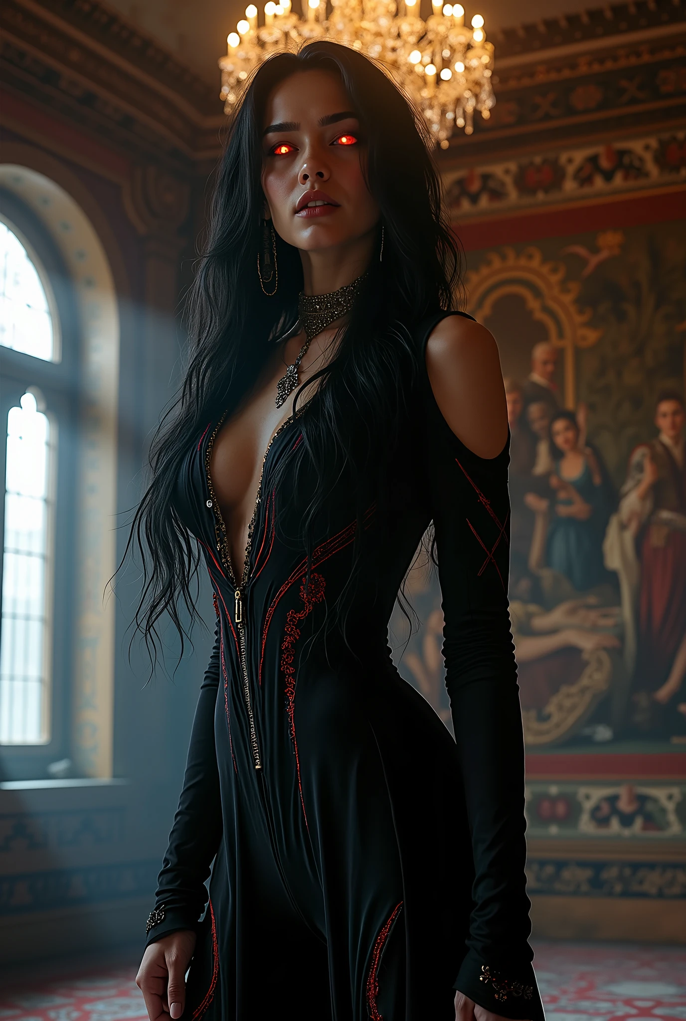 Prisvilla is a beautiful female vampire, rVen-black hair, in the style of Boris Vallejo, high detail plunging vampire dress, high detail face, high detail skin, mature athletic body, perfect proportions, Heavy Metal aesthetic, dark vampire castle interior background, high quality, masterpiece, realistic photo, intricately detailed, 8k, HDR, shallow depth of field, wide light, high contrast, backlight, light flares, sharp focus, RAW color photo, looking at the camera, cool colors, various poses