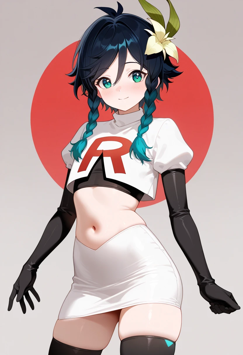 (Masterpiece), Best Quality, ultra-detailed, 1girl (jessie pokemon, Big and pretty breasts, hair slicked back, long hair,purple hair,blue eyes ), a surprised face, parted lips, facing viewer, looking at viewer, nose blush, blush, solo, 
team rocket ,team rocket uniform ,white skirt,crop top,thighhighs,elbow gloves,  wet clothes,  wet body(water), in the forest, river, tree, kabedon pov, kabedon against tree, standing, 