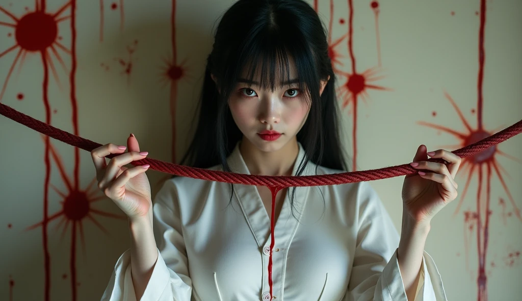 8K、Top image quality、masterpiece、25-years old、(1 adult female)、White Off Shoulder Dress、Horror style、High-speed shutter、motion-blur、Action Figures、angry expressions、The dim、A knife with blood glows suspiciously、various parts of the body are cut out and bleeding,,、Blood vessels in the chest are faintly visible、There is also a lot of blood in clothes、She's pretty excited、She holds a knife in the dim light、Glaring at us