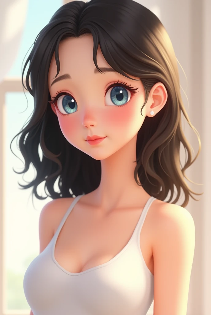 A girl with short wavy brown hair, gray eyes and red lips in a pink swimsuit on a red brick wall near a garden