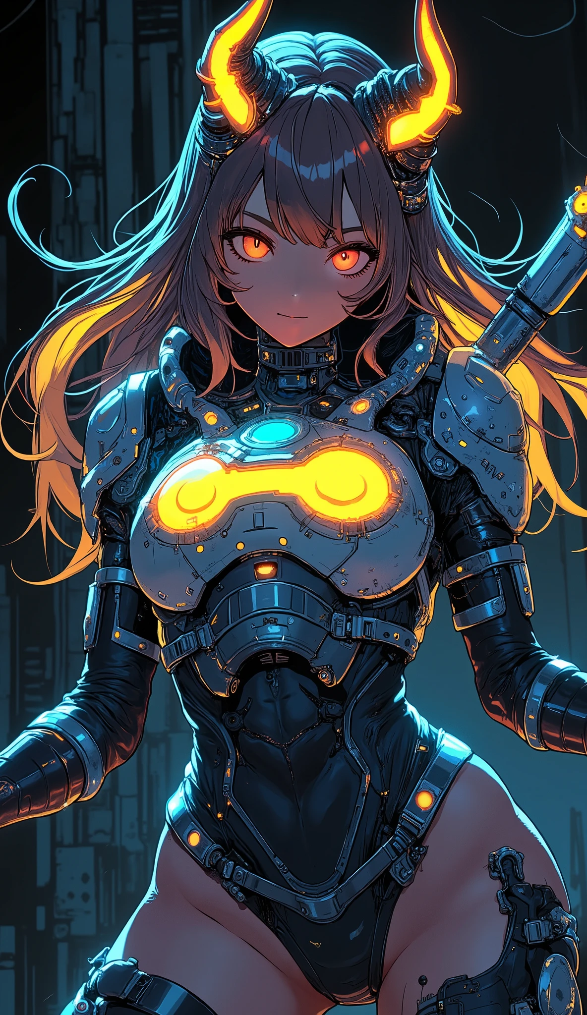 Female Sexy Robo, Female Curvy Armored Suit, Missile Pod on the Chest, Highly detailed mecha, beautiful female robot, battle pose, Complex Mechanical Armor, Shining Metal Texture, Precise Machine Parts, Electronic Circuitry and Wiring, Powerful Expression, Strong Form, 4K, realistic, professional, super precise, Refined Design, Scientific Atmosphere, mechanic art , CG, dark tones, Heavy texture