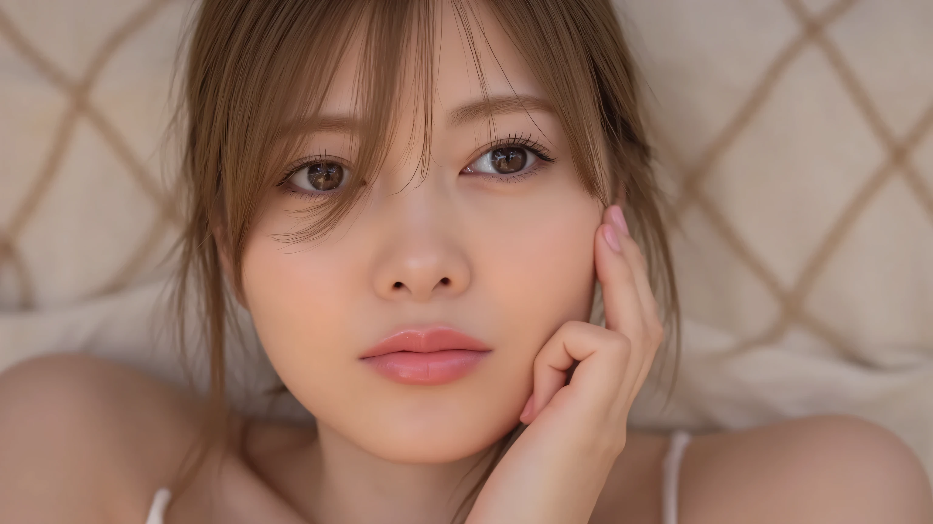 (masterpiece, best quality:1.2), 1 girl, Alone, Nice breasts, ((camisole, panties)),, beautifully detailed eyes on ornaments, beautifully detailed lips, very detailed face, Long Lashes, sharp concentration, realistic, photo-realistic, cinematic lighting, high image quality, hyper-realistic,