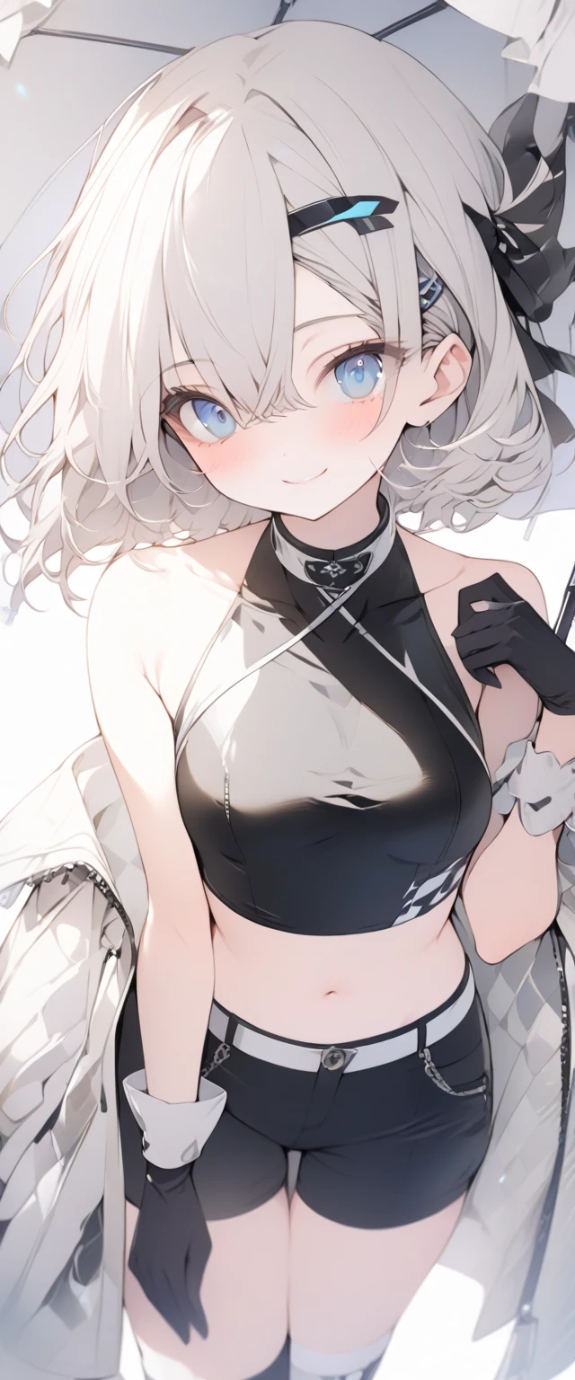beautiful, masterpiece, Highest quality, anime, One girl, C Cup,Portrait Shot, View your viewers, Covered、Short Hair、nearby、Blue Eyes、art、、White hair,Blue streaked hair、hairpin、Cute Shy、Thighs、Cute、blue sky、Beautiful breasts、Full Harness、valley、Sweat、Armpit、Under Harness、Body Harness、、Tightening、Penetration、Gothic Lolita Coordination、Body stockings