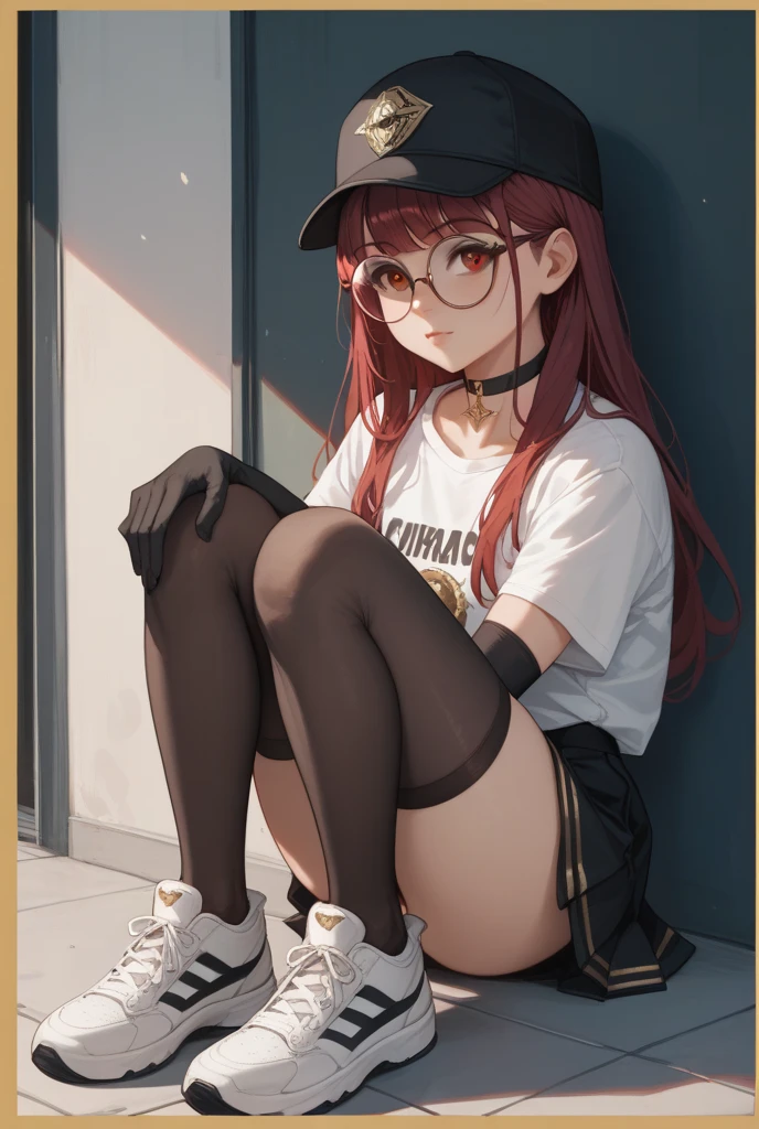 (girl)、(Nudists)、a navel、eye glass、sneakers、sockes、baseball cap、a chair