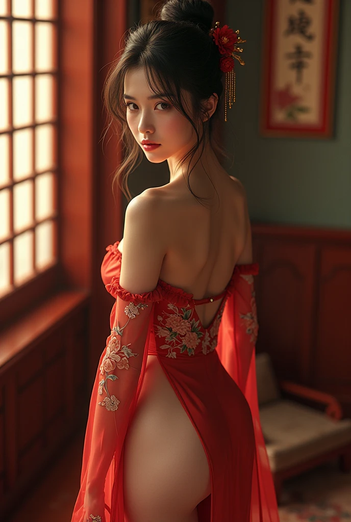 upper body,masterpiece, best quality,(photorealistic:1.4), highres, long hair, jewelry hairpin, large breast, riverside and rock or temple or bridge,
hanstyle, loose han clothing, loose hanfu, see-through, sexy, (nsfw)