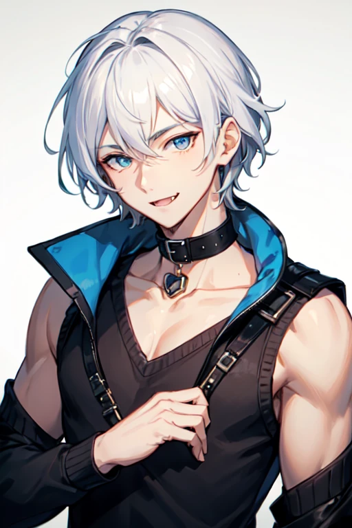 A man , covered in bandages,chains around his arms,sharp teeth, grinning,bandages body,slim,abs, absolutely stunning art, extremely detailed,upper body,close up shot
