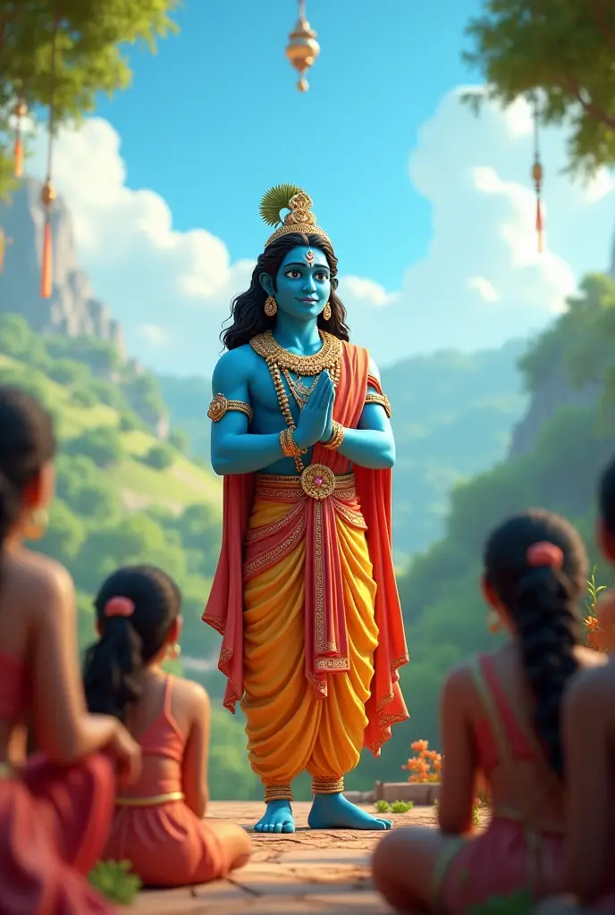 Please create a 3 d actual images with lord krishna and one 2 boy praying in front of lord krishna and boy wear red colour t shirt with name print on his t shirt ATUL
Please create a 3 d actual images with lord krishna and one 2 boy praying in front of lord krishna and boy wear red colour t shirt with name print on his t shirt ATUL