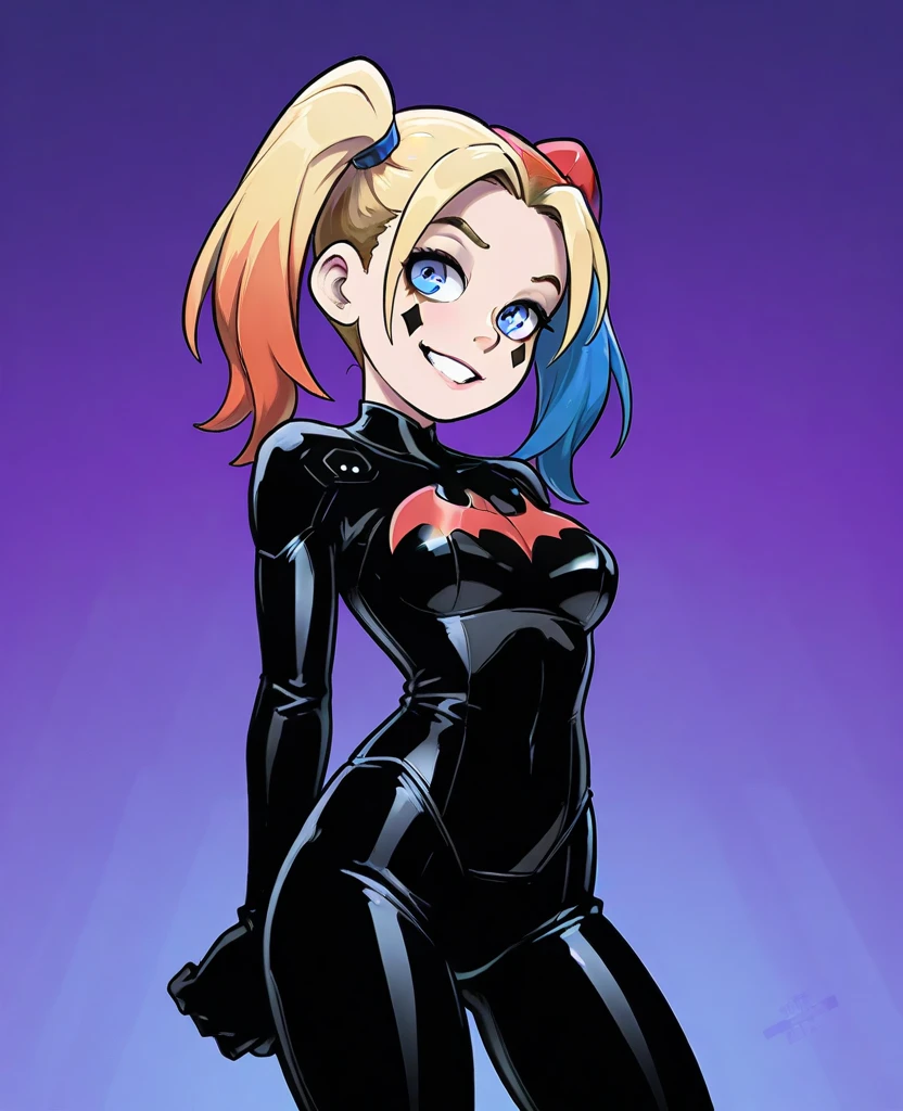 She is wearing a maid costume/Batman/Spiderman/Kamen Rider,the outfit is black with white parts/built-in weapons, the criminals are right behind her observing her movements, in the dark alley where she is located/night/full moon, she is fully alert, looking at the viewer, smiling, outfit/face/covered in blood, 1 woman/short green mohawk hair/blue eyes, Anime style, Max Masterpiece/resolution/quality/detail/sharpness, well-drawn, extremely beautiful, professional drawing.