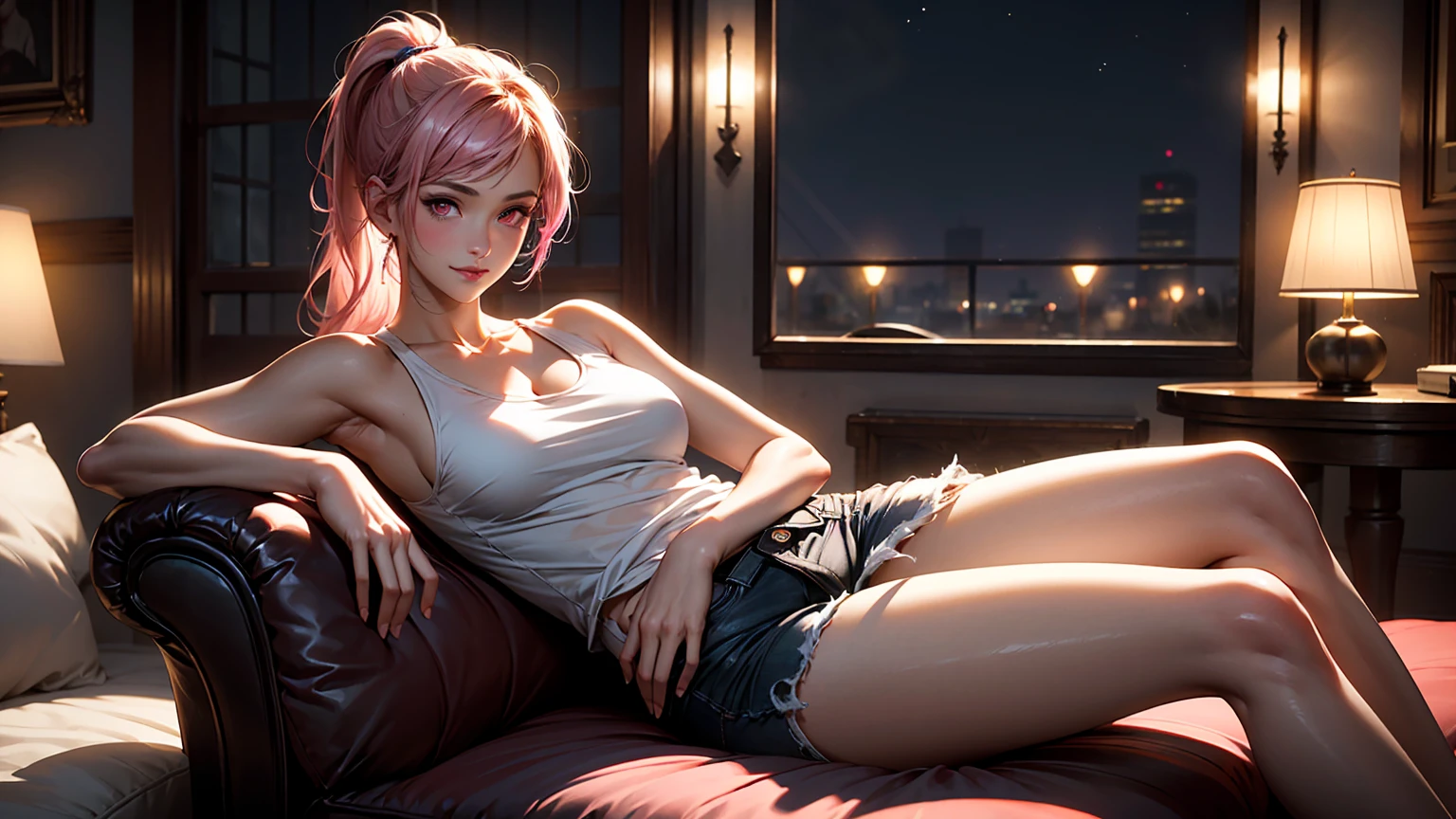 ((High quality, 8k, perfect quality, realistic)), beautiful, perfect face, gazing out the window, nighttime, ((dark room)), Before sleeping, restless, short nightgown, staring at the window, city night view, hair color light pink, night city
