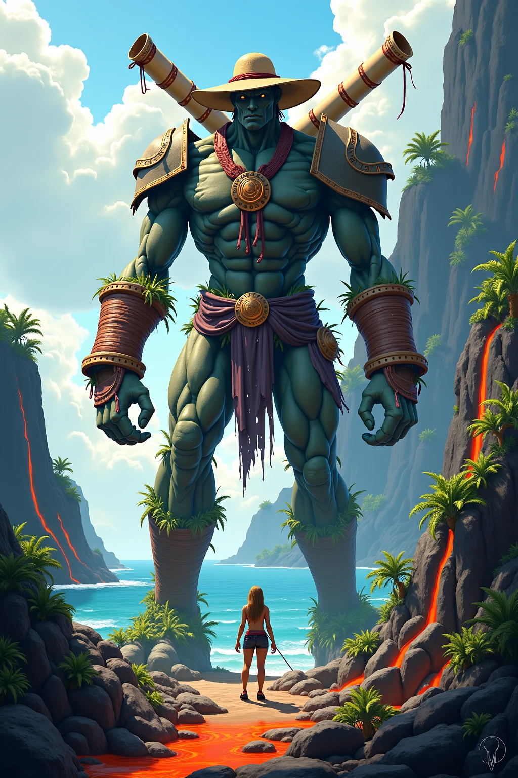 8k image, super realistic, One Giant Muscle Colossus of Rhodes All in bronze, looking at ocean with legs spread on two rocks and the sea passing between your feet, holding one sword of Conan with his right hand, with gladiator armor on ful body, with head gladiator armor, perfect face, perfect hands, at the entrance to the port of Santos in the country Brazil, with perfect naked womans on the beach, with perfect seagulls flying in the background, boats passing between the legs of the Colossus of Rhodes. Sunny day.