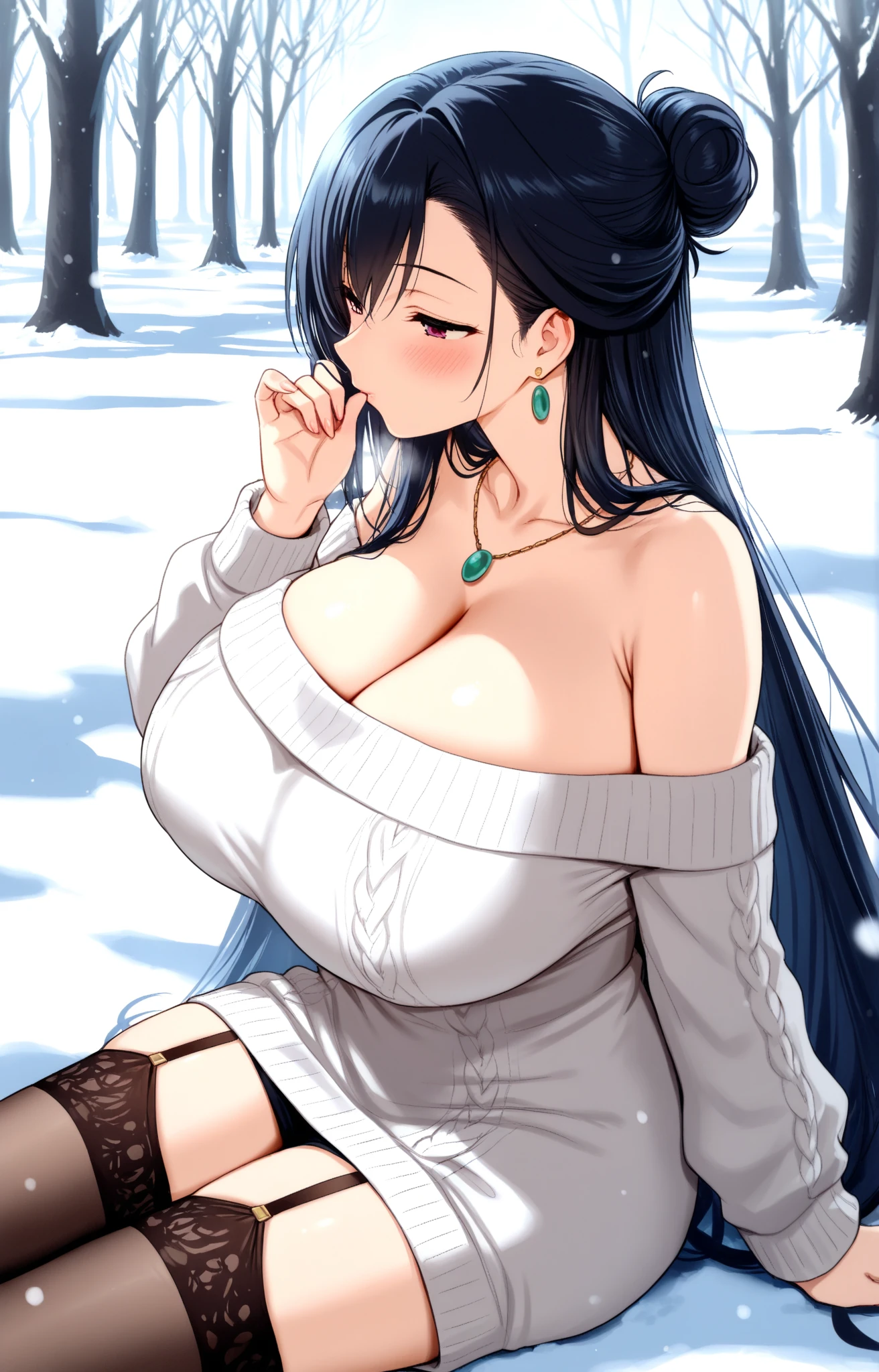 Hime cut with super long black hair,Has straight bangs and blue eyes, A girl with very large breasts:1.6, wears an off-the-shoulder sweater,Unbelievably large breasts,Cleavage,1boy, 1girl, (((vulgarity))), (cowgirl position), sit astride, (girl on top), (straddling), hetero, trembling, humid, nipples, ass pov, (sex), penis, large penis, vaginal penis, cum overflow, pussy cum, pussy juice, sweat, (spoken heart), breast focus, outdoor, snow, midday, looking at viewer,