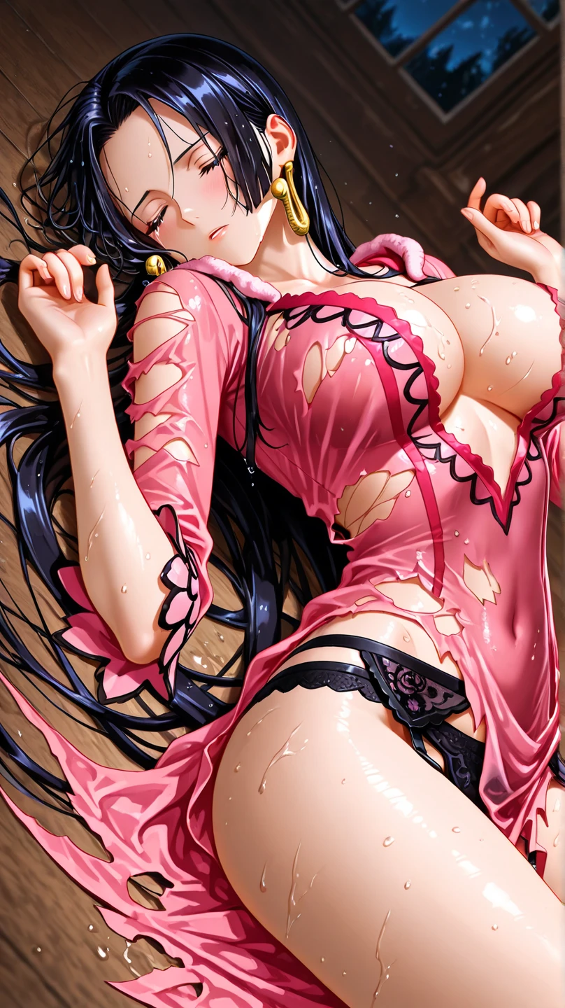 Masterpiece, Alone, Solo, Hair Inhalation, Torn clothes, Handcuffs, Chain, Navel, Tears, (Back arm: 1.2), Tight, Chain, Heart-shaped pupil, Open mouth, No panty, No bra, Naked