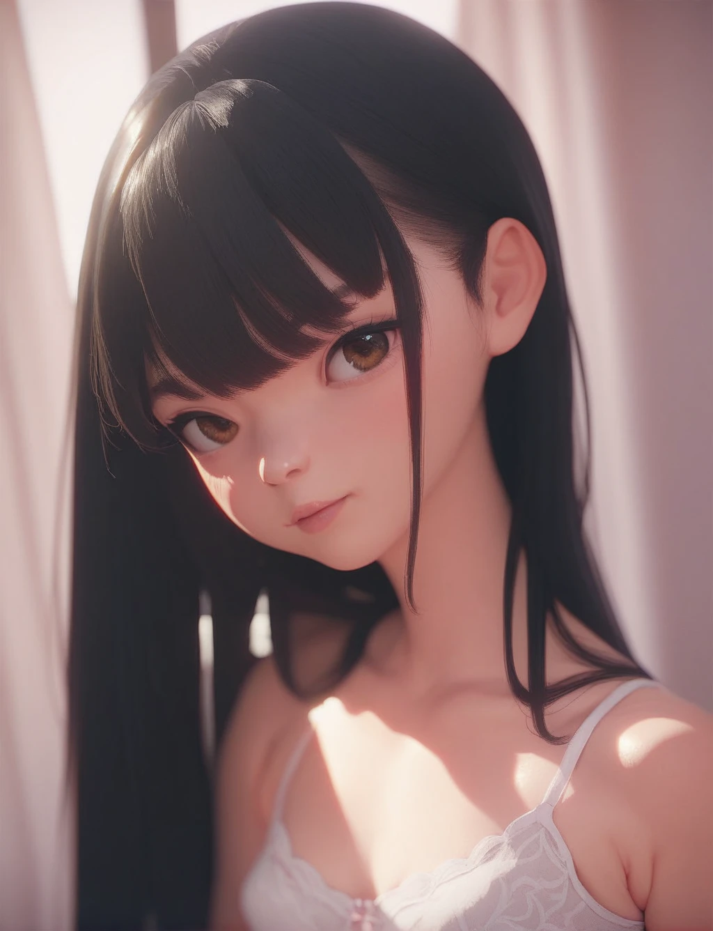 anime, big, short cut, black hair,, thick eyebrows, naked