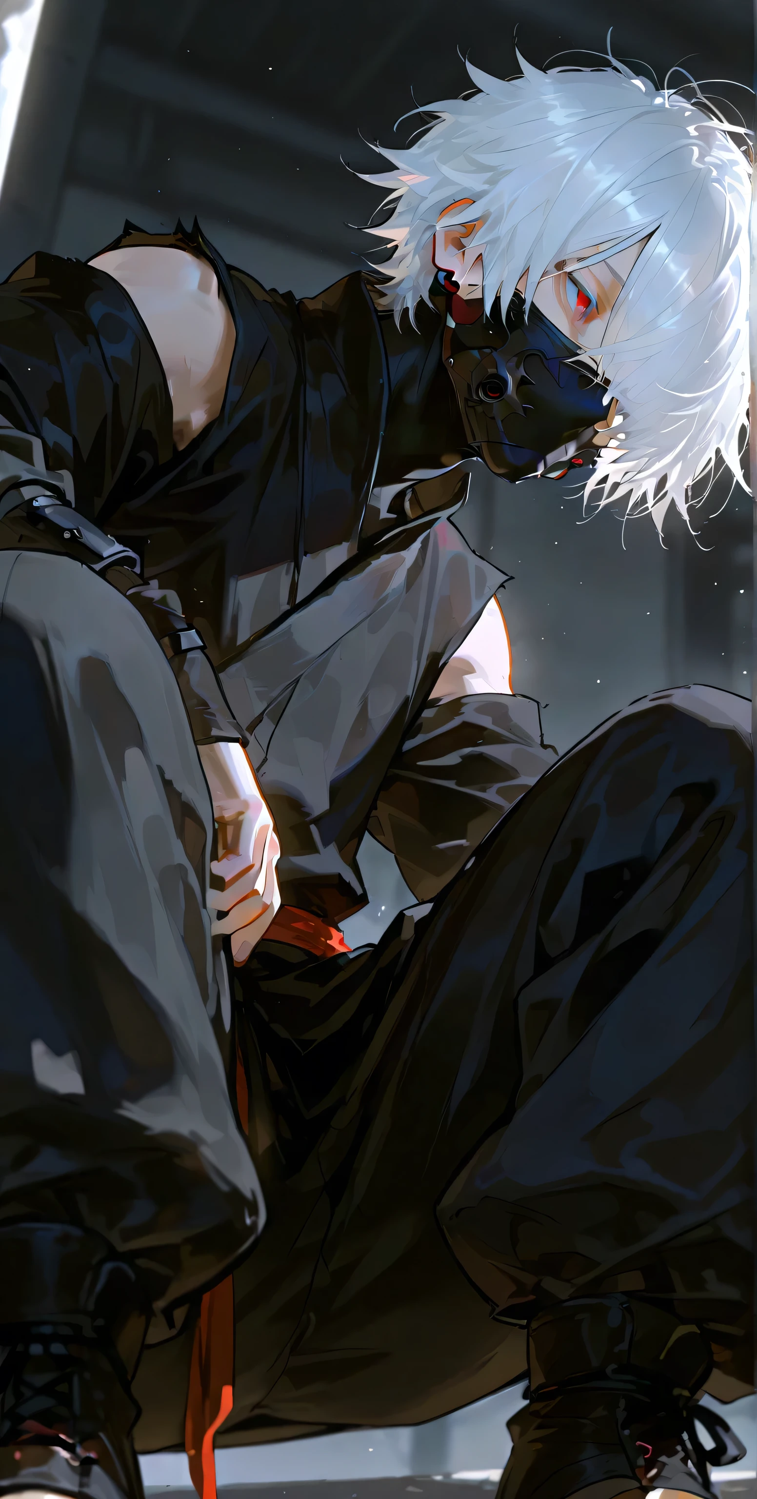 Cool boy, black clothes, baggy pants, black ninja mask, white hair, hair over one eye, messy hair, red eyes, detailed eyes