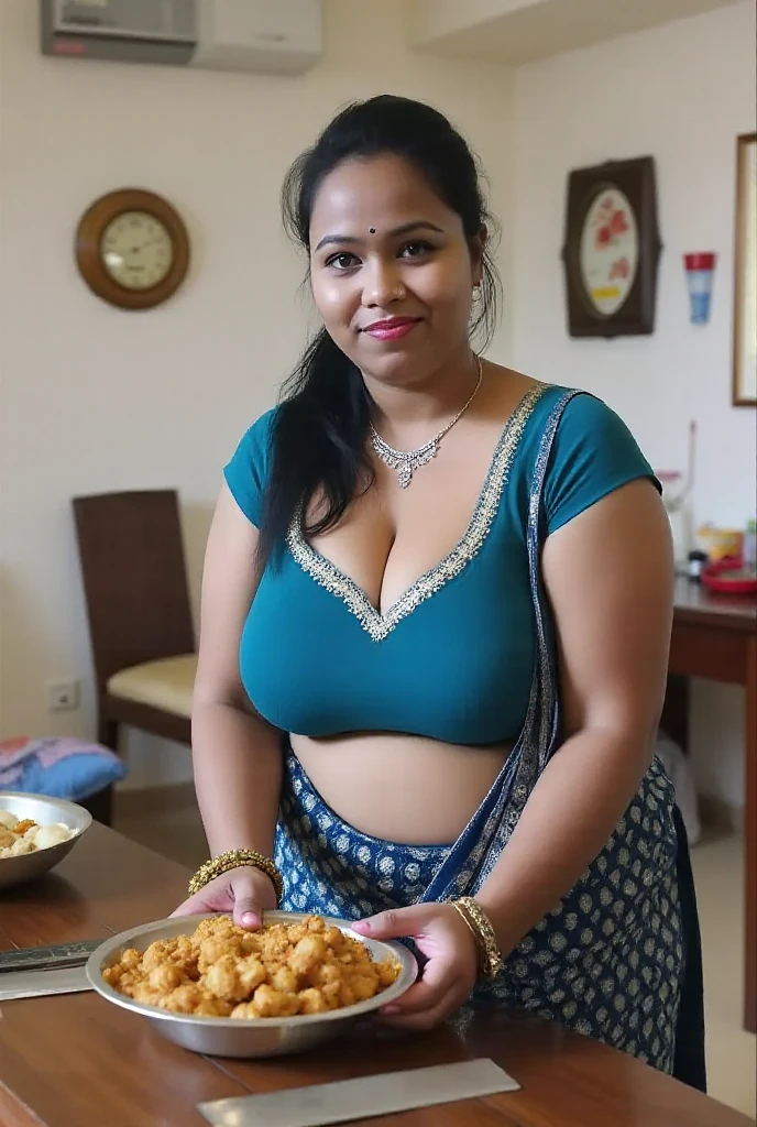 indian old aunty, very very chubby body, working in a village kitchen, wearing a sexy saree, outdoor, posing a sexy photo while cooking, middle aged, beautiful face, very big tits, big butt, in front of a forest