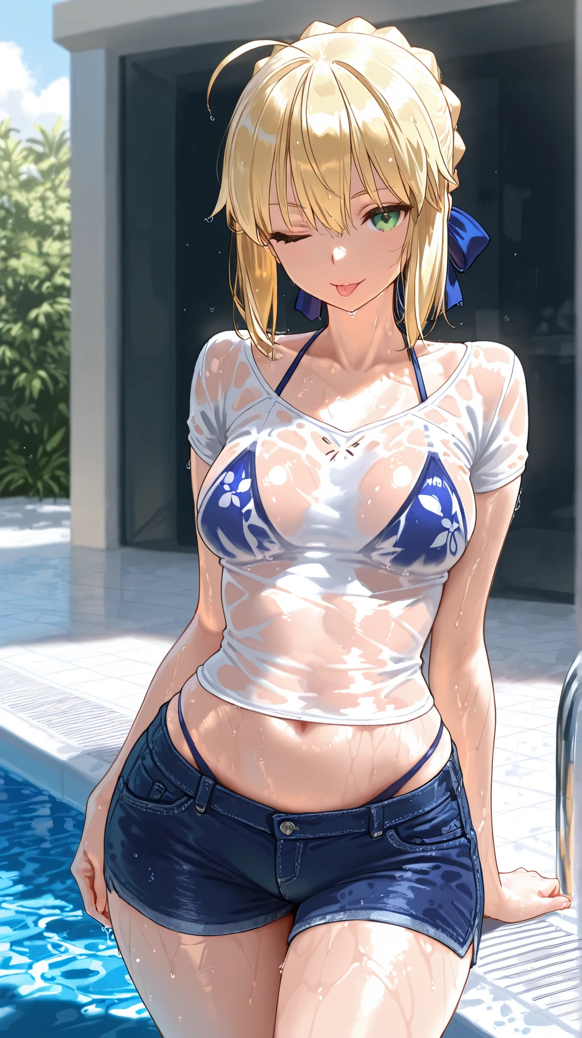 masterpiece, better quality, quality, artoria pendragon, standing, ;p, looking at the viewer, short top, apenas_shoulder, medium breasts, wide hips, wet, shorts jeans, ( bikini under clothes ), Fresh-bodied , outdoor, by the pool, shadow