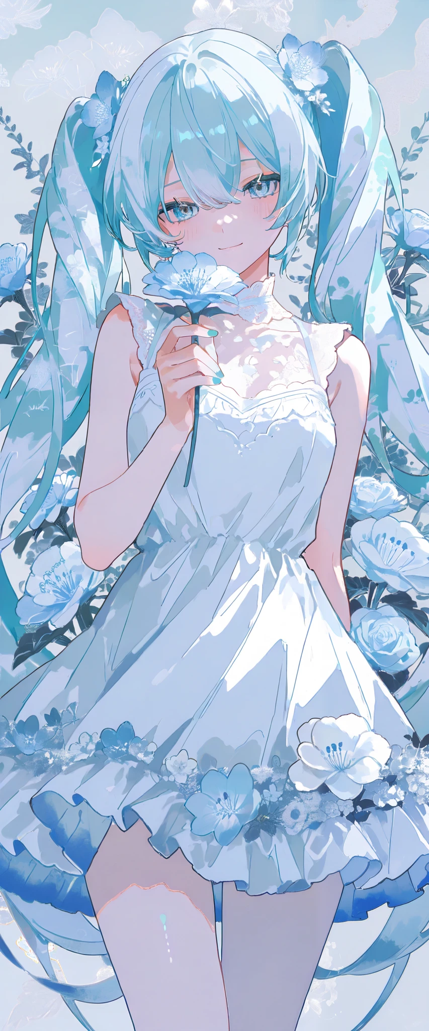 Beautiful woman、Hatsune Miku、flower arrangement、Wabi-sabi art、 cute face 、Very detailed_face_Eye 、Very detailedなface、White Dress、black、gray、Light blue color tone、parchment、abstract flower arrangement、Three big flowers、Surreal art、silence、wallpaper、highest quality、masterpiece、High resolution、8k