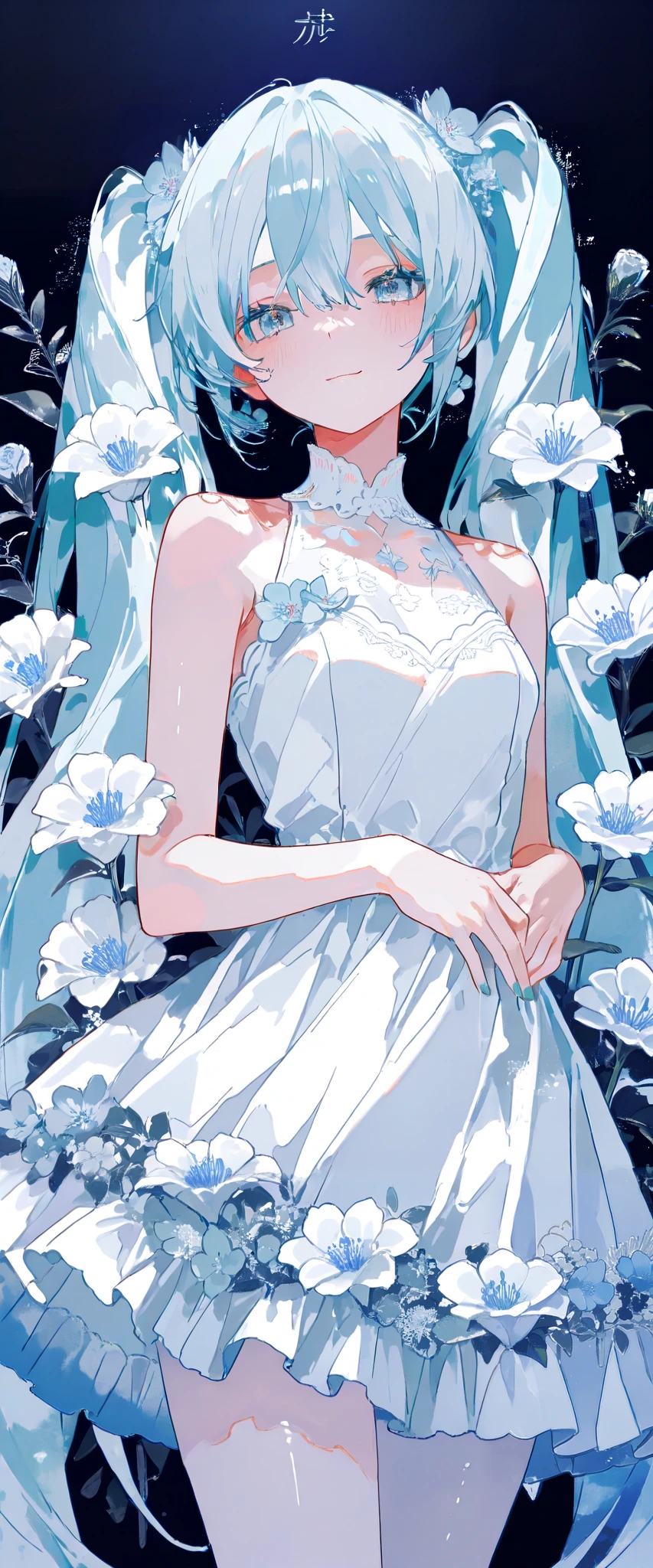 Beautiful woman、Hatsune Miku、flower arrangement、Wabi-sabi art、 cute face 、Very detailed_face_Eye 、Very detailedなface、White Dress、black、gray、Light blue color tone、parchment、abstract flower arrangement、Three big flowers、Surreal art、silence、wallpaper、highest quality、masterpiece、High resolution、8k