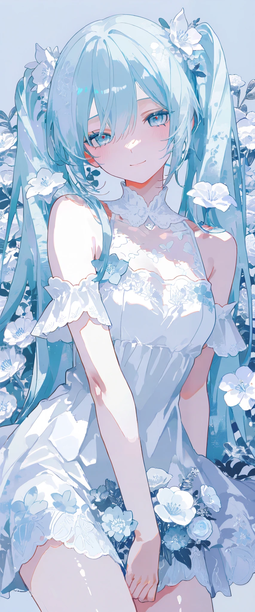 Beautiful woman、Hatsune Miku、flower arrangement、Wabi-sabi art、 cute face 、Very detailed_face_Eye 、Very detailedなface、White Dress、black、gray、Light blue color tone、parchment、abstract flower arrangement、Three big flowers、Surreal art、silence、wallpaper、highest quality、masterpiece、High resolution、8k