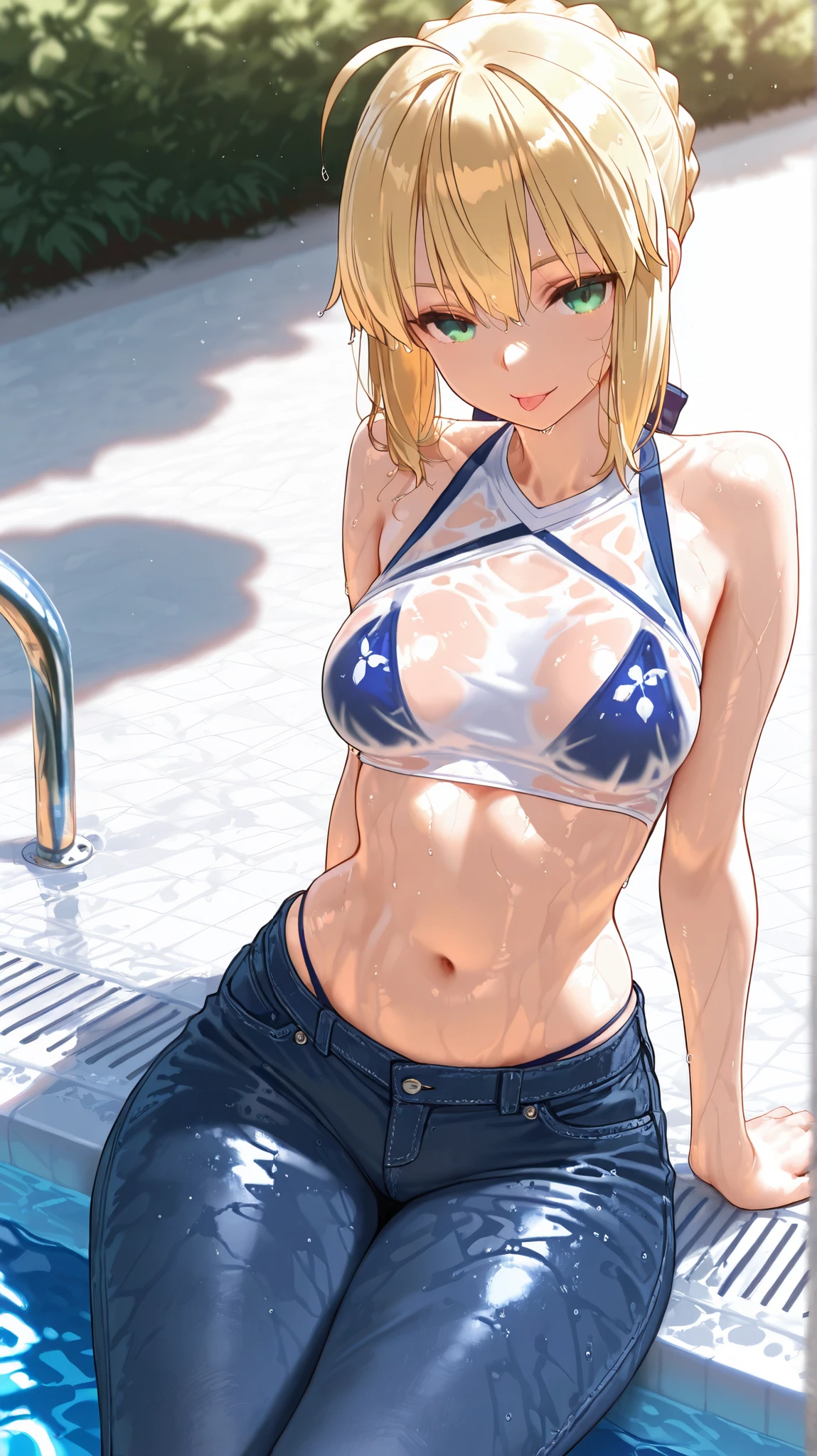 kohaku, kohaku, Blonde hair, Blue eyes, Hair Ornament, Ponytail, (1girll:1.3), (white halter bikini:1.3), (White Pāreu:1.3)
BREAK looking at viewer, Full body, (Cowboy Shot),
BREAK outdoors, skyporn, forest, Nature,
BREAK (masutepiece:1.2), Best Quality, High resolution, Unity 8k壁纸, (Illustration:0.8), (Beautiful detailed eyes:1.6), extra detailed face, Perfect Lighting, extremely details CG, (Perfect hands, Perfect Anatomy), Smile innocently, (Put one hand on your hip:1.3)