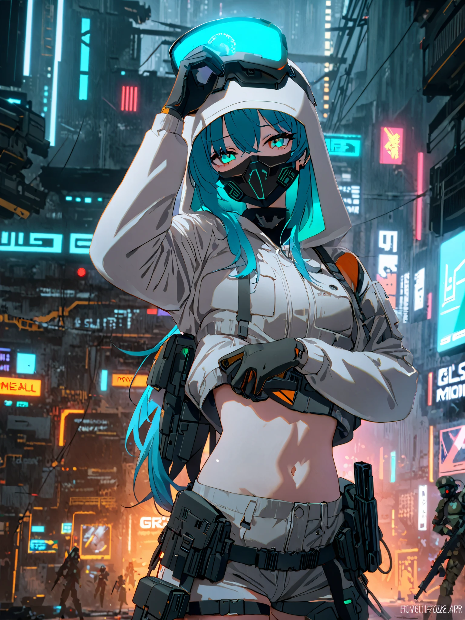 anime girl with blue hair and a helmet on holding a gun, cyberpunk anime girl in hoodie, badass anime 8 k, anime style 4 k, anime girl with teal hair, female anime character, girls frontline style, cyberpunk anime girl, female action anime girl, artwork in the style of guweiz, digital cyberpunk anime art, from girls frontline, mechanized soldier girl