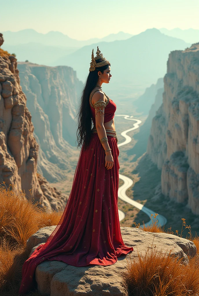 beautiful queen woman, fifty years old, red hair tied up, looking at the camera, wears a gold crown, type of diadem, dresses (a green dress) fitted, medieval, at the waist a shiny gold belt, she is a queen in a dominant, brave posture, in the background (Eternia) an extraterrestrial landscape, with vibrant colors, with pointed cliffs full of forests, and a sky of red and blue colors, a glorious sunset, photorealistic image