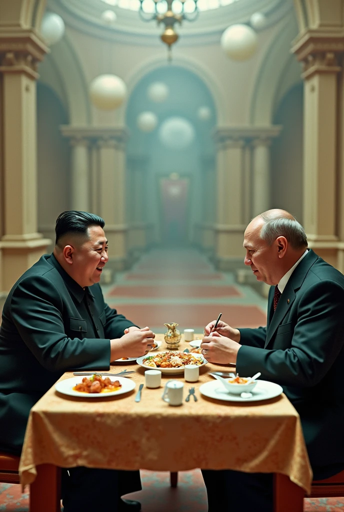Vladimir Putin and King Jon Un kissing in a romantic restaurant