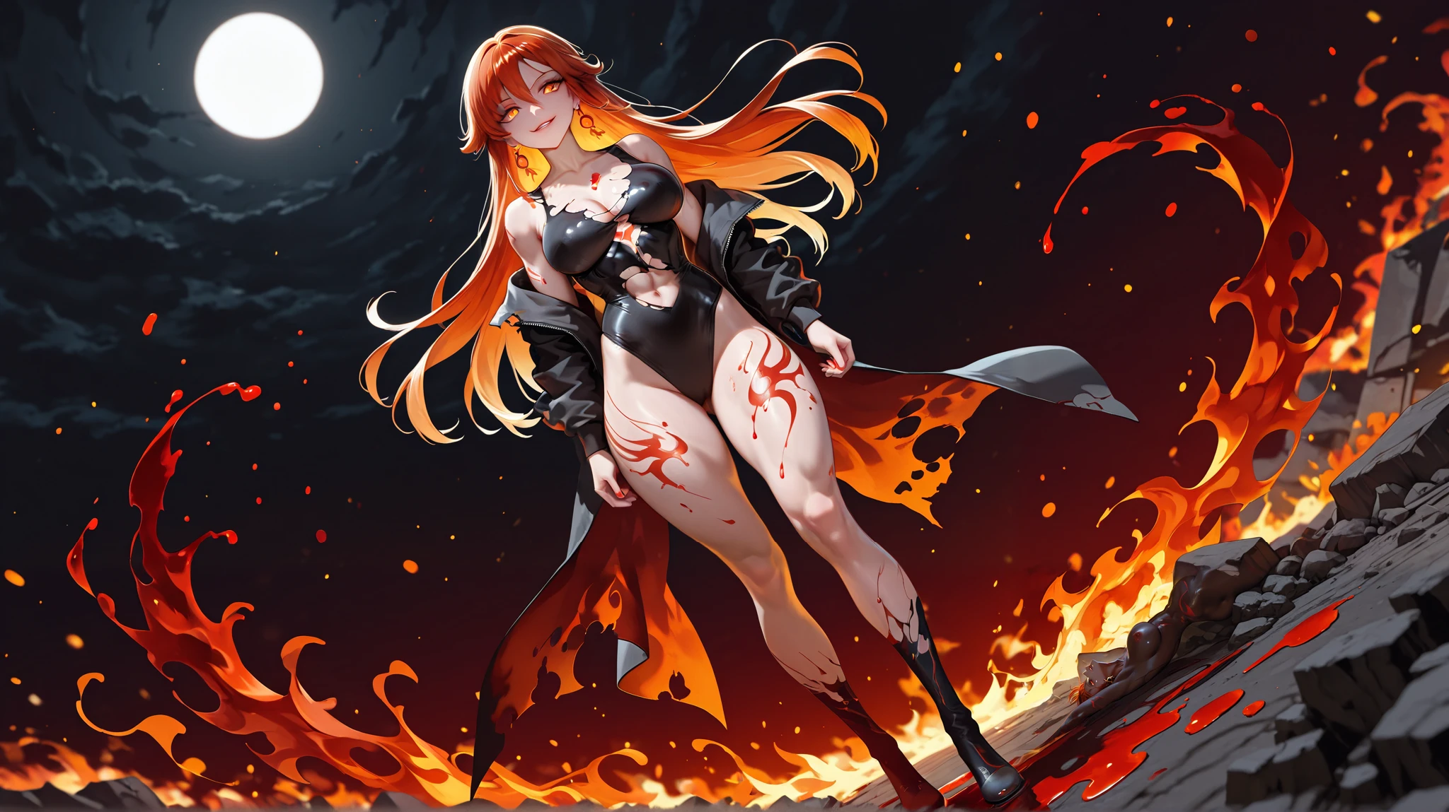 mavuika (genshin impact) a girl standing on top of a pile of demonic blood splatters all around her, looking at something in the distance with a creepy look on her face in a dark sky with a red flameshining behind her, bodysuit, grimdark, off shoulder, smirk, sun earrings , solo, cleavege, dutch angle, red nails, large breasts, very long hair, multicolored hair, two-tone hair, red hair, orange hair, fit female, orange eyes, parted lips, stomach, full body, collarbone, eyelashes, bare legs, pelvic curtai, gluteal fold, red eyes, straight hair, thighs, torn clothes, sadism, body markings, toned female, solo, eyeliner, eyelash, color detail, lustful look, seductive look, blood splatters all around her, ef_bb, (beautiful detailed eyes), reflecting lips, perfect hands, perfect face, a detailed painting, fire and blood splatter in the background