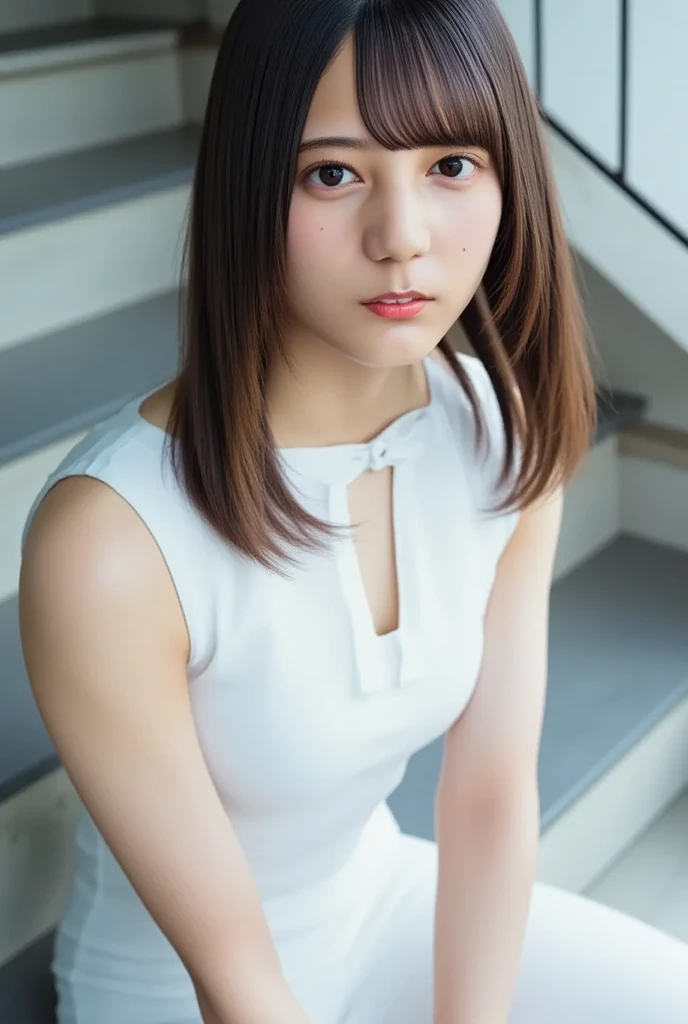 Photo-realistic quality、A woman in a white blouse is holding a golf club, Japanese girls uniform, Cute school girl, Realistic young gravure idol, Young and cute gravure idol, High school girl posing, Surreal , Young and skinny gravure idol,Girl wearing short-sleeved blouse, Japanese Model、Sheer white blouse