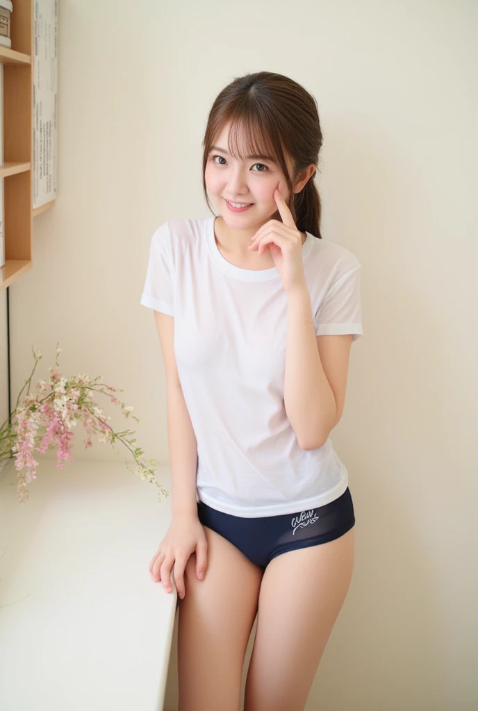 (pp clothes), (realistic) (short hair), girl showing her panty, show underwear sit on the chair, open legs, view to front, view to camera, wear white underwear, visible underwear, Indonesian face.