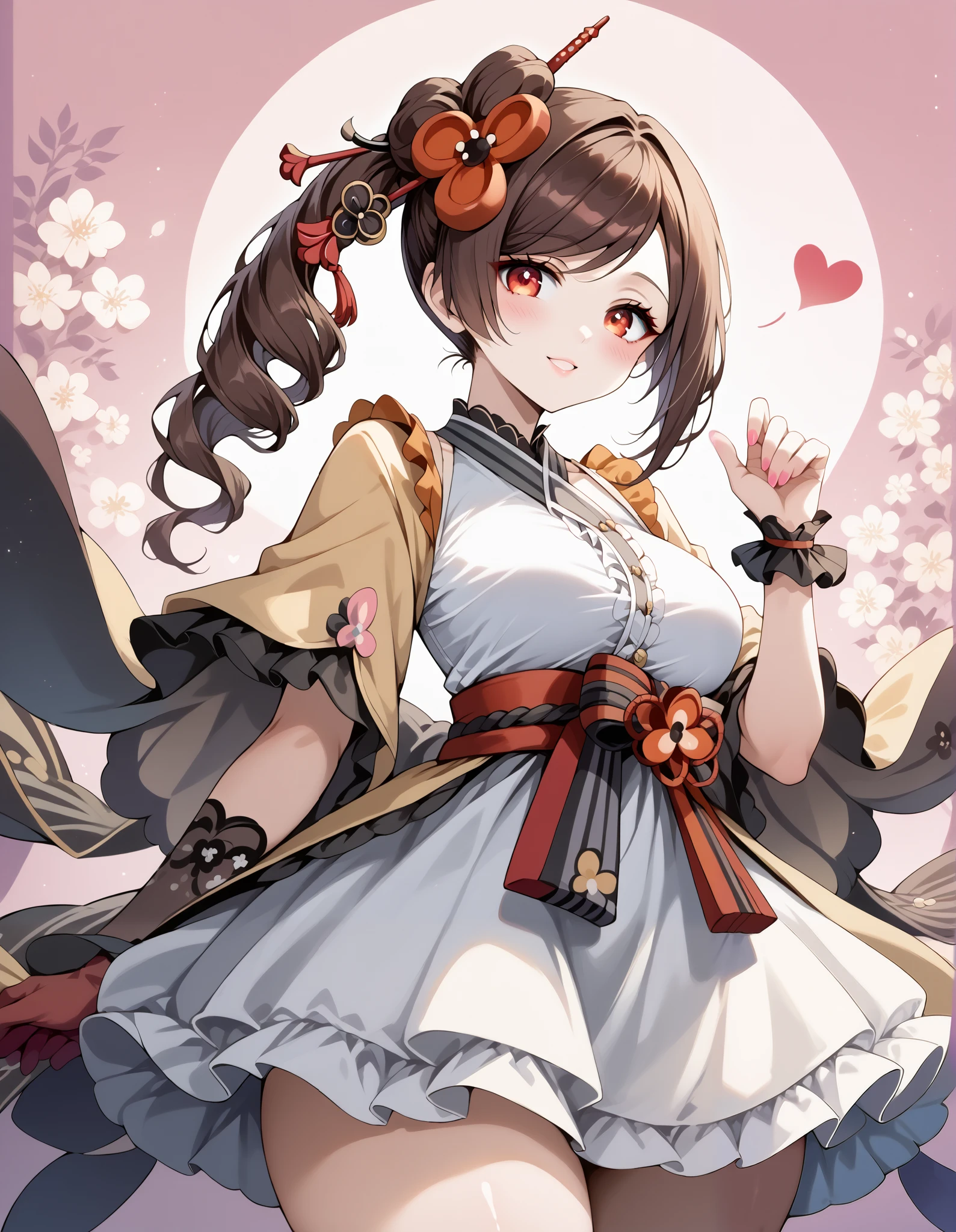 score_9, score_8_up, score_7_up, source_anime, 4K,perfect fingers,(perfect hands, perfect anatomy),prefect lighting, very aesthetic, intricate details,highly detailed background, masterpiece, high quality, best quality,
1girl,Solo,genshinchiori, chiori, brown hair, hair ornament, red eyes, hair flower, large breast,
wearing ((casual dress,frills,ornate clothing, )),,
Pink Wallpaper, Heart Wallpaper , darkroom, Sharp Eye ,