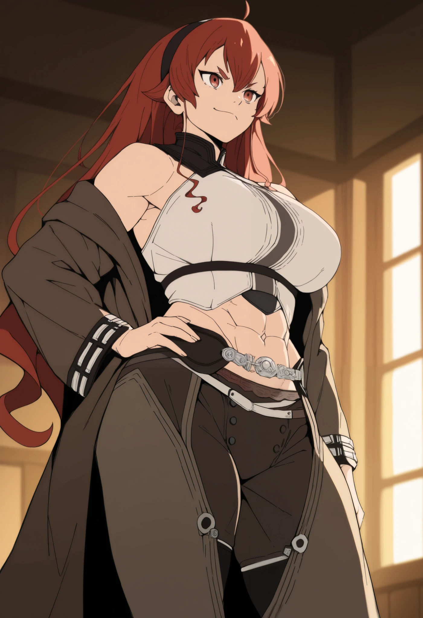 mushoku tensei style, anime coloring, 1girl, solo, long hair, red hair, open eyes, badass, hairband, indoors, black hairband, Eris Greyrat,sysdeep_eris,best quality, highres, absurdres, masterpiece, Adult_Eris, 1girl, mature woman , tall girl,red_hair, solo, long_hair, breasts, a large_breasts, red_eyes, brown_chaps, brown_shorts, navel, hairband, brown_coat_white_fur, midriff, hand_on_hip, inner_thighs, badass, smile, abs , animescanthick eyebrows, bare shoulders, bangs, closed mouth, window, hair between eyes, frown, ((masterpiece)) abs