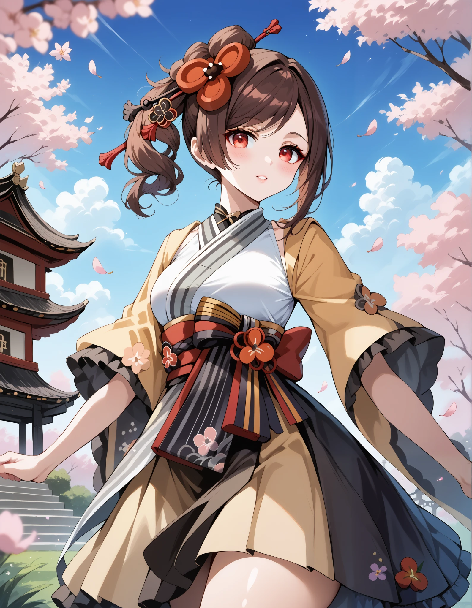 score_9, score_8_up, score_7_up, source_anime, 4K,perfect fingers,(perfect hands, perfect anatomy),prefect lighting, very aesthetic, intricate details,highly detailed background, masterpiece, high quality, best quality,
1girl,Solo,genshinchiori, chiori, brown hair, hair ornament, red eyes, hair flower, large breast,
wearing ((casual dress,frills,ornate clothing, )),,
sakura,cherry blossoms,action pose,