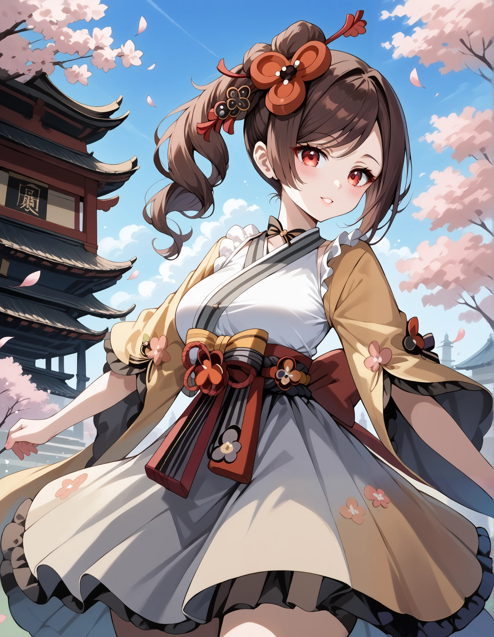 score_9, score_8_up, score_7_up, source_anime, 4K,perfect fingers,(perfect hands, perfect anatomy),prefect lighting, very aesthetic, intricate details,highly detailed background, masterpiece, high quality, best quality,
1girl,Solo,genshinchiori, chiori, brown hair, hair ornament, red eyes, hair flower, large breast,
wearing ((casual dress,frills,ornate clothing, )),,
sakura,cherry blossoms,action pose,