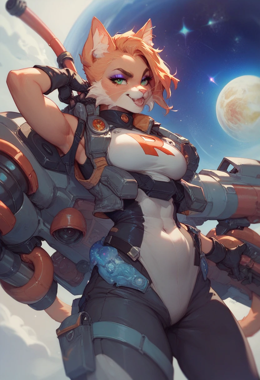 score_9, score_8_up, score_7_up, detailed background, by riyo_(lyomsnpmp), 1girl, solo, anthro cat, Green Eyes, white fur, short long hair, white fur, simple background, mechanical, absurd res, Big butt, standing, front view, Breasts, Big breasts, toy