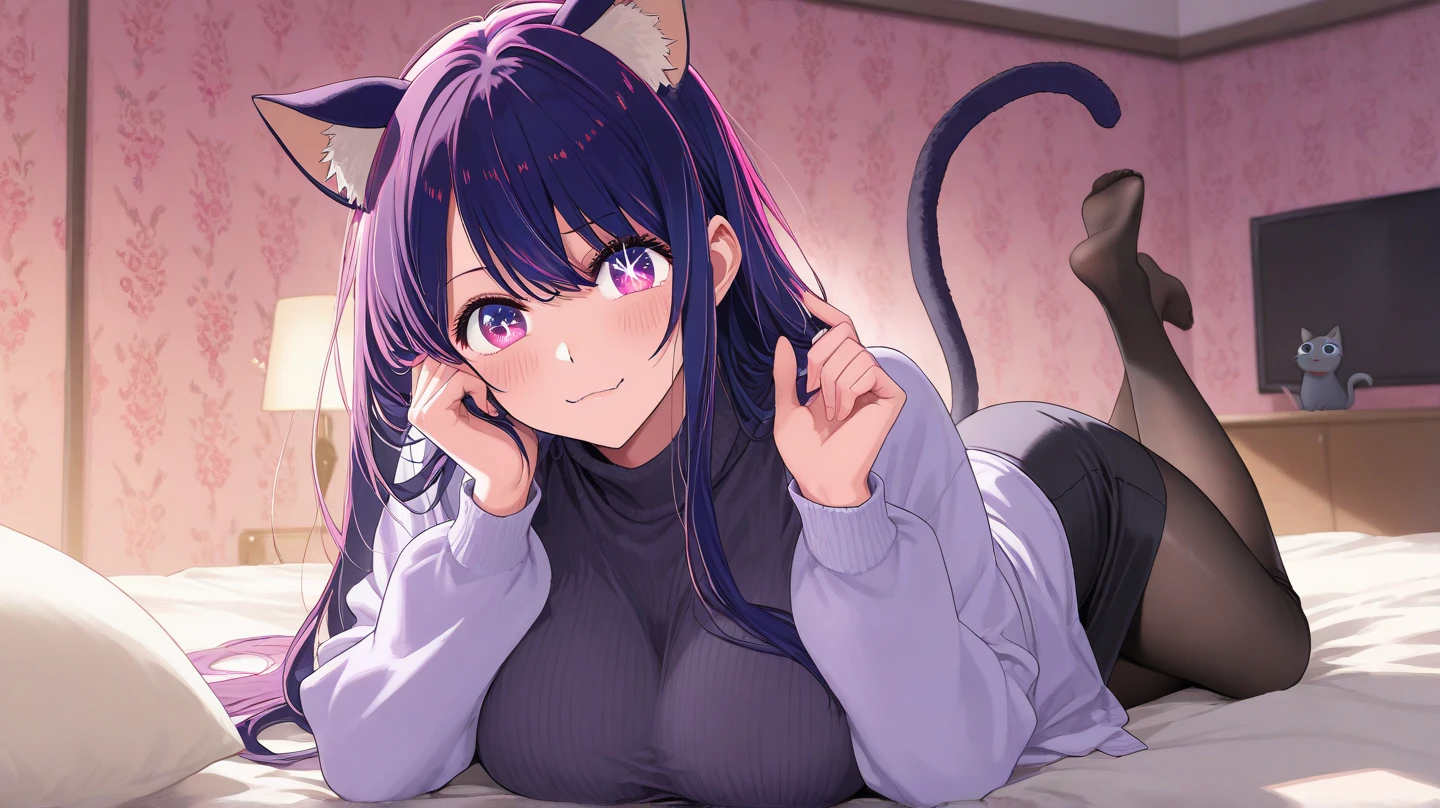 masterpiece, best quality, very long hair, cat ears, cat tail, fangs, slit pupils, orange pajamas, off-shoulder, cleavage, cat print, large breasts, all fours, open mouth, looking at viewer, smile, indoors