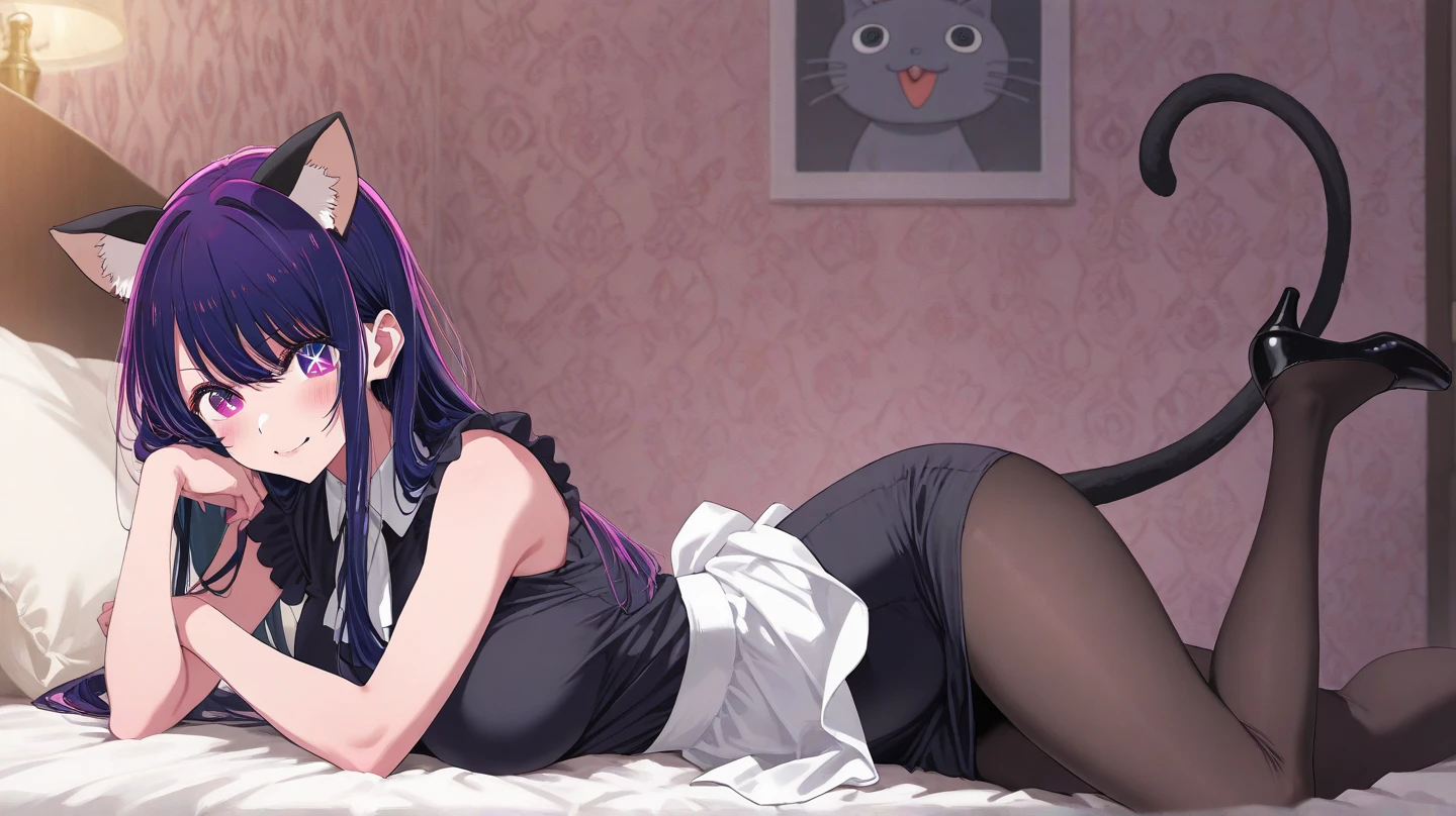 By personalami. Cute furry lynx. Black long hair. Hair bow. Cute smiling. Dynamic pose. Maid dress. Black panties. Black bra. Hand together on panties. Hugely chest. Pantyhose. freckles. Ears down. Lynx tail. Lynx ears. Lying. dynamic sex pose