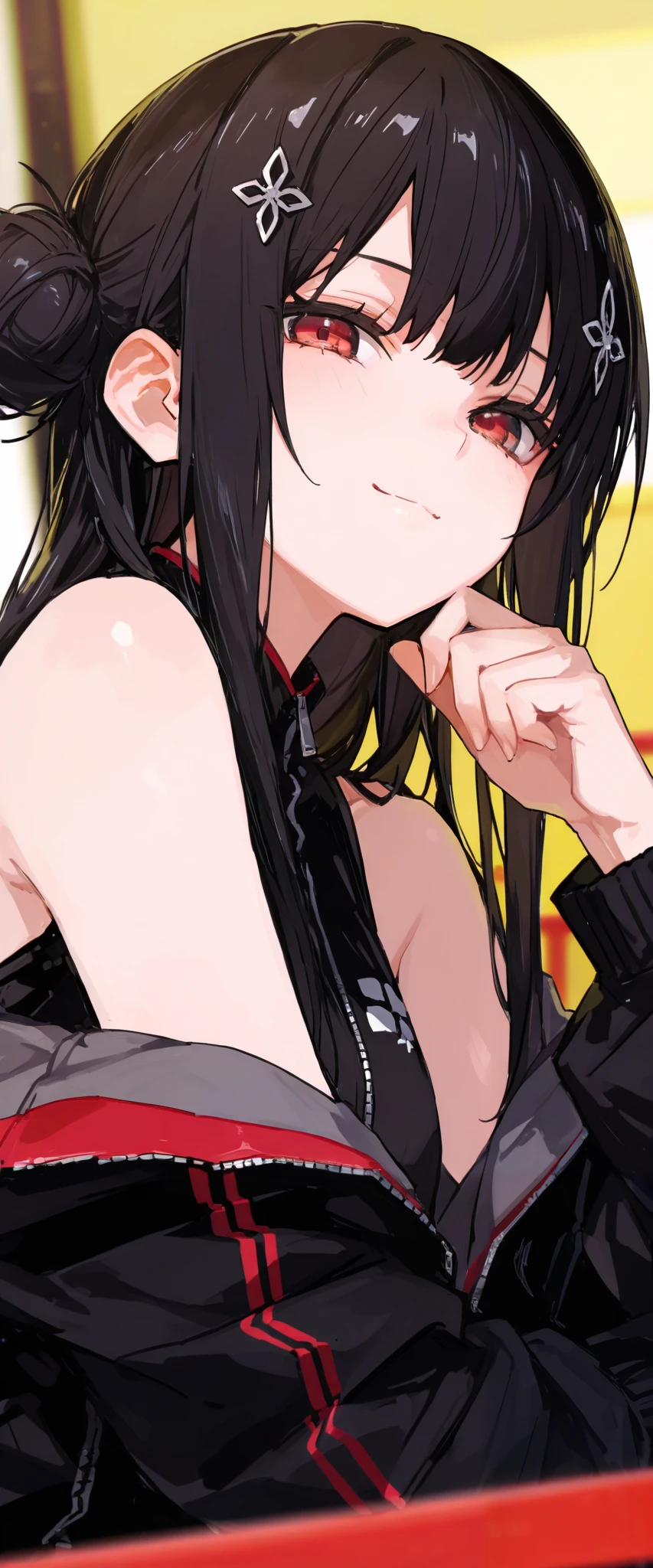 (score_9,score_8_up,score_7_up),1girl,solo,red eyes,black hair,long hair,looking at viewer,smile,upper body,hair bun,bare shoulders,hair ornament,bangs,off shoulder,closed mouth,jacket,sleeveless,hand up,blurry,sidelocks,black jacket,long sleeves,