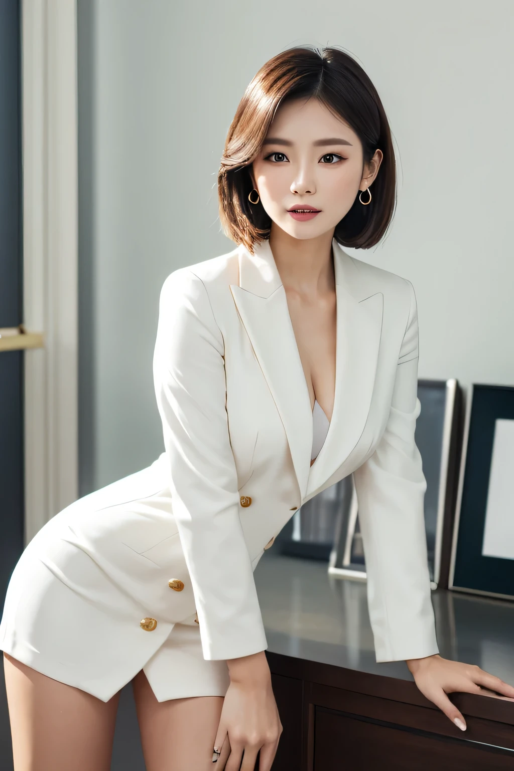 masterpiece,highest quality, (1 milf、44 years old), ((close:0.5)), ((Cross Arm)), glare, gray blazer, white shirt, eyelash, lip gloss, (smile:1), ((close your eyes:0.85)), ((looking at the viewer、The whole body is reflected、Are standing)), to be born, (From above:0.2), ((no one)), （office）、（black leather、knee length、knee high boots）、Depth of written boundary、pointed red mouth、(reddish brown wet shiny short hair,,,,,,,,,),red mouth,clavicle、full body portrait、digital illustration, (Photoreal:1.3),(Raw photo.)、urreal、Japanese、Highest image quality、big breasts、big ass、emphasize the legs、thick thighs、sexy、Delicate skin depiction