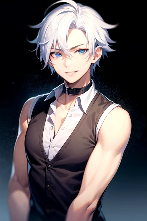 man, silver hair. custom glasses, a fit body, a white shirt tight to his body, over a black jacket with accessories and small chains, long black pants and around a brown belt and white personalized shoes, Blue eyes, Estilo Genshin Impact Different poses 