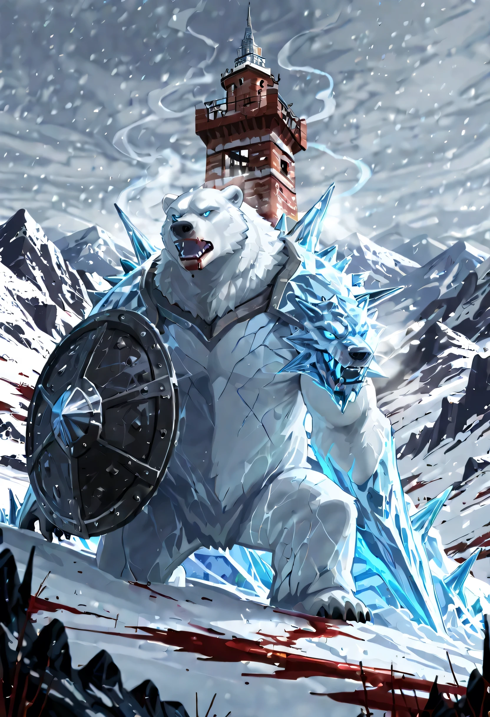 Very good figure, Super high resolution, detailed background, Furry, Polar Bear, Covered in ice spikes, blood tipped ice spikes, Tower shield, Covered in ice, steam flowing off person, Glowing blue eyes, Mountain back ground, Snow storm, angery, blood on ice, ice covering tower shield, steam around shield, Covered in blood, lots of blood