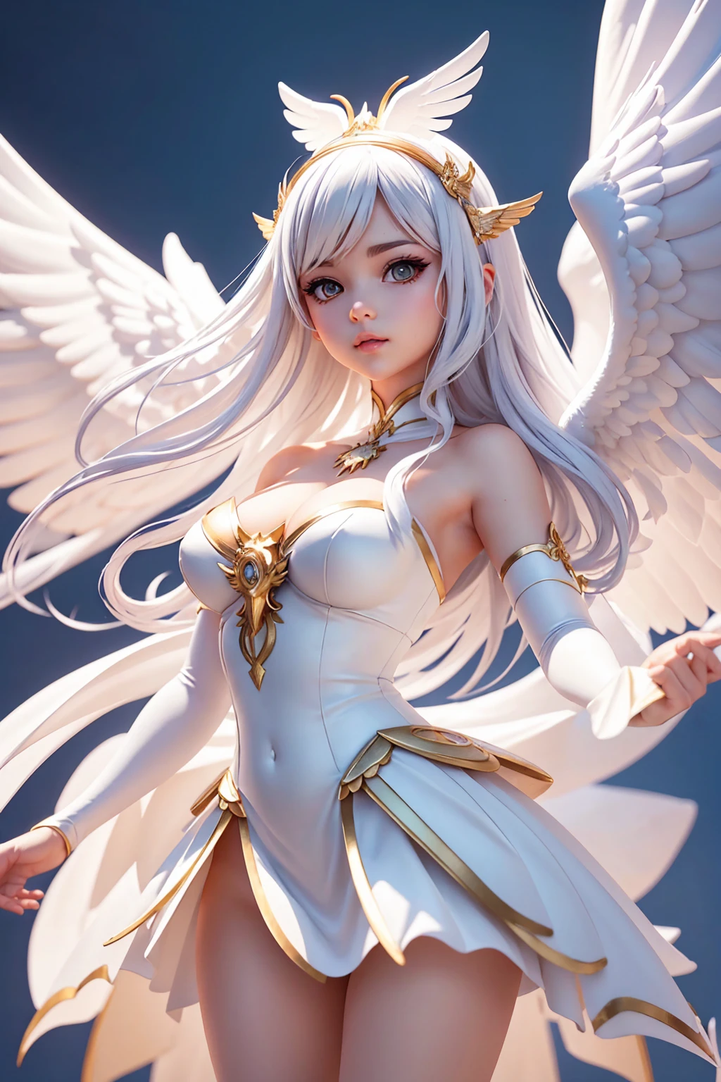 ((best quality,8k,masterpiece)),a goddess,white skin, pink face, silver colored hair, bright yellow colored eyes,angel wings white color,long white dress,gold jewelry, lips between open, perfect and delicate hands, behind her a valley of white color tulips.