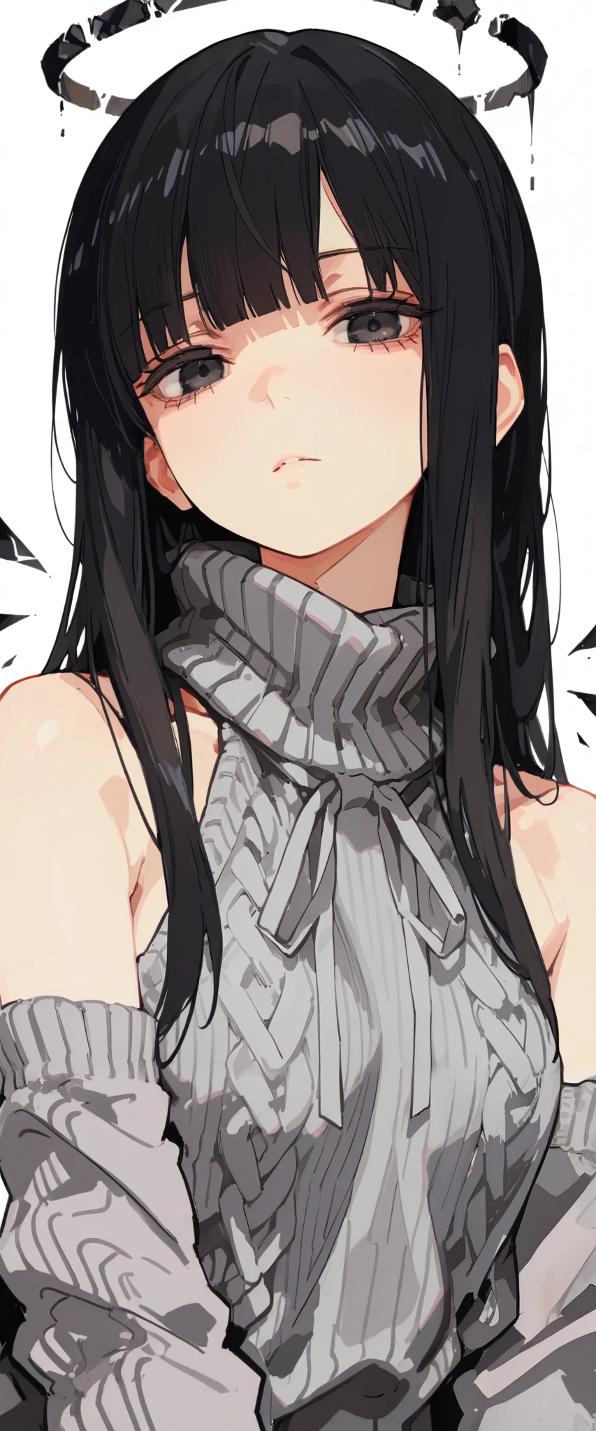 (score_9, score_8_up, score_7_up), 1girl, black hair, blunt bangs, long hair, broken halo, black eyes, alternative clothes, virgin killer sweater, detached sleeves, gray sweater, energy wings, looking at viewer, upper body, zoom out, small breasts, calm, portrait, white background,