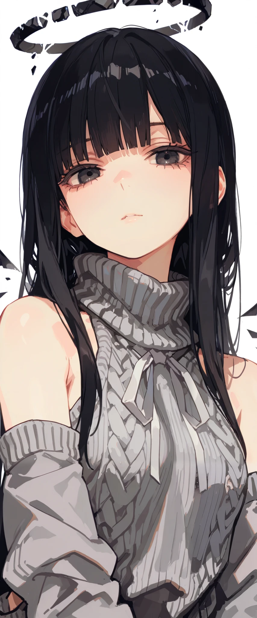 score_9, score_8_up, score_7_up, 1girl, woman, long hair, black hair, parted bangs, light black eyes, small breasts, innexpressive, sweater, virgin killer sweater, blushing, narrowed eyes, closed mouth, standing, crossed arms, side view, thighs, below view, upper body, masterpiece, best quality, white background