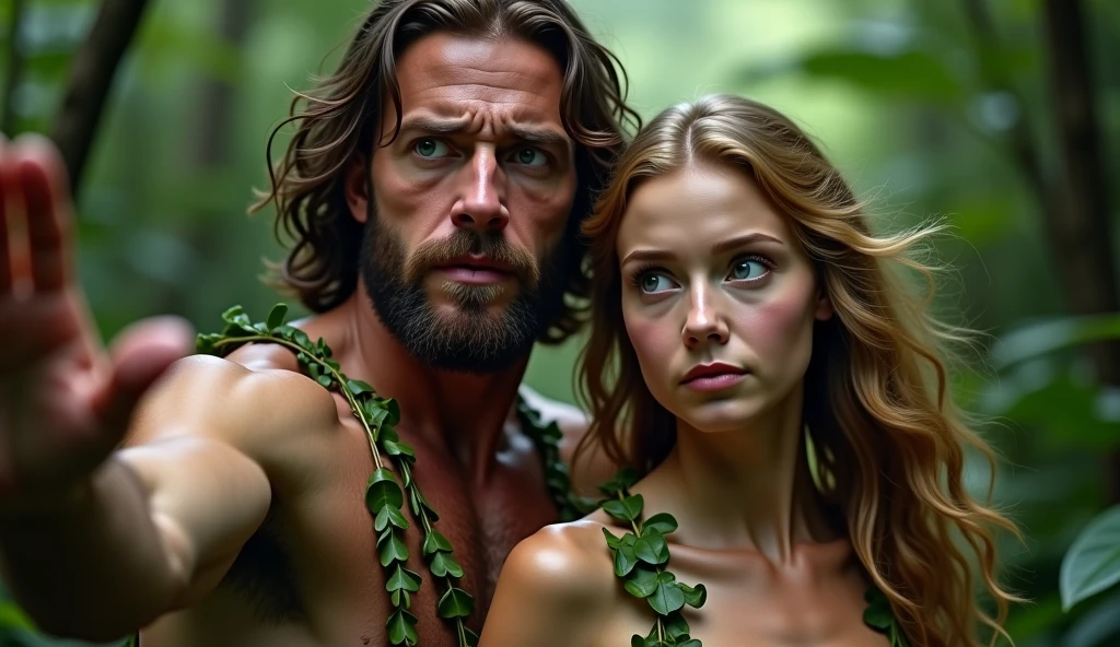 I'm making some covers for my religion films, the movie cover must be full 4k, with hyper details, o tema do filme é a criação e queda feito por Adam and Eve, remember on this cover, the idea is to have two sides,and two people, Adam and Eve, they are close to the camera, in the image it appears from the breasts up, a strong man and a delicate woman, They are both scared trying to understand where they are, this cover must have 1 focus point and 1 out of focus point, they are in the forest, had ended, to arrive, they are scared and sweating a lot, put eva's hand in front of the camera, trying to ask for help, their clothes are made of plants, the movie cover has a very great power, superior coming from above. And the clear facial features, cinematographic, 35mm lens, f/1.8, Accent lighting, global lighting –uplight –v 4